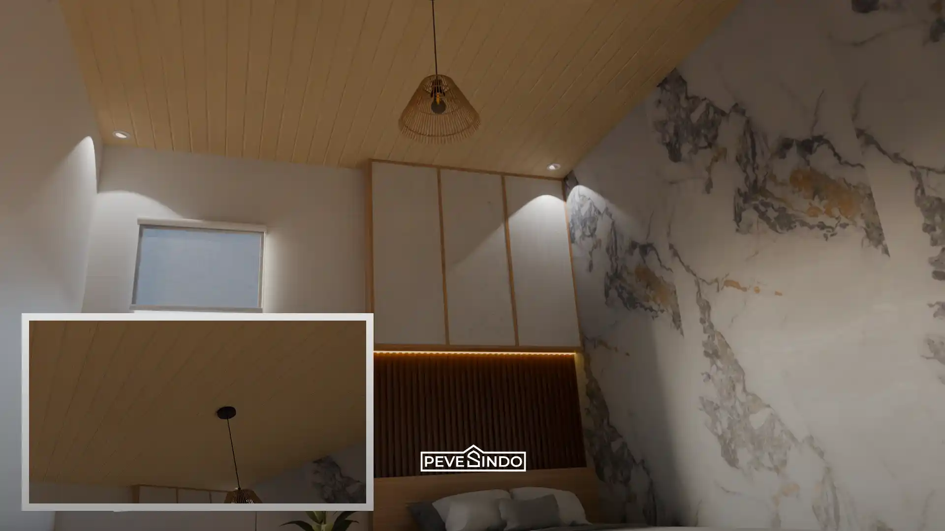 Desain interior kamar tidur modern bernuansa hangat dengan aplikasi plafon PVC Pevesindo motif kayu panjang 4 meter yang terpasang rapi, dilengkapi lampu gantung estetik dan panel dinding marmer.