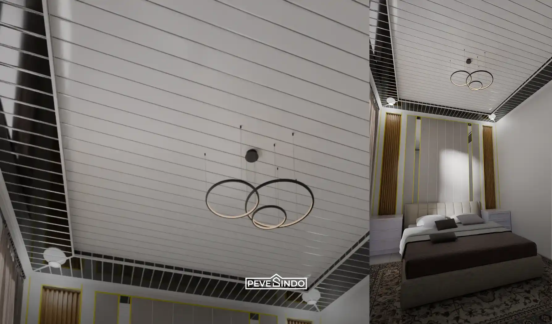 Desain drop ceiling kamar tidur modern menggunakan plafon PVC Pevesindo panjang 4 meter kombinasi warna putih dan hitam yang rapi, dilengkapi lampu gantung estetik.