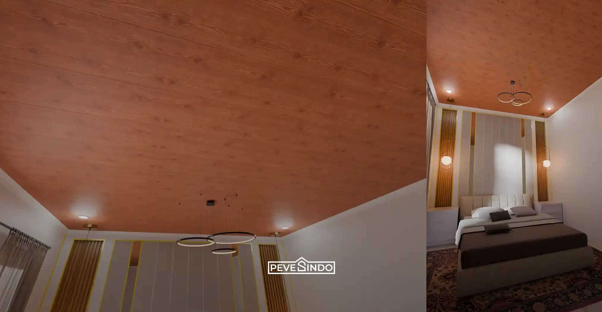 Interior kamar tidur berdesain elegan dengan langit-langit yang menggunakan plafon PVC Pevesindo motif kayu panjang 4 meter yang mulus, dilengkapi pencahayaan hangat dan panel dinding modern.