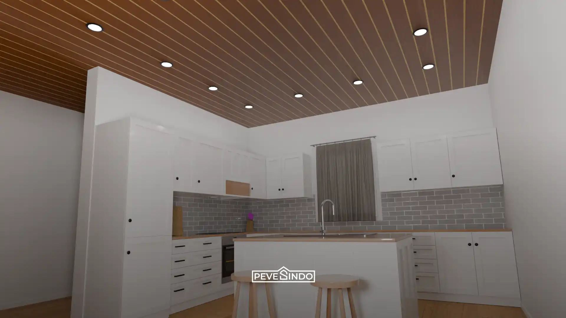 ruang makan estetik dengan plafon pvc motif kayu modern