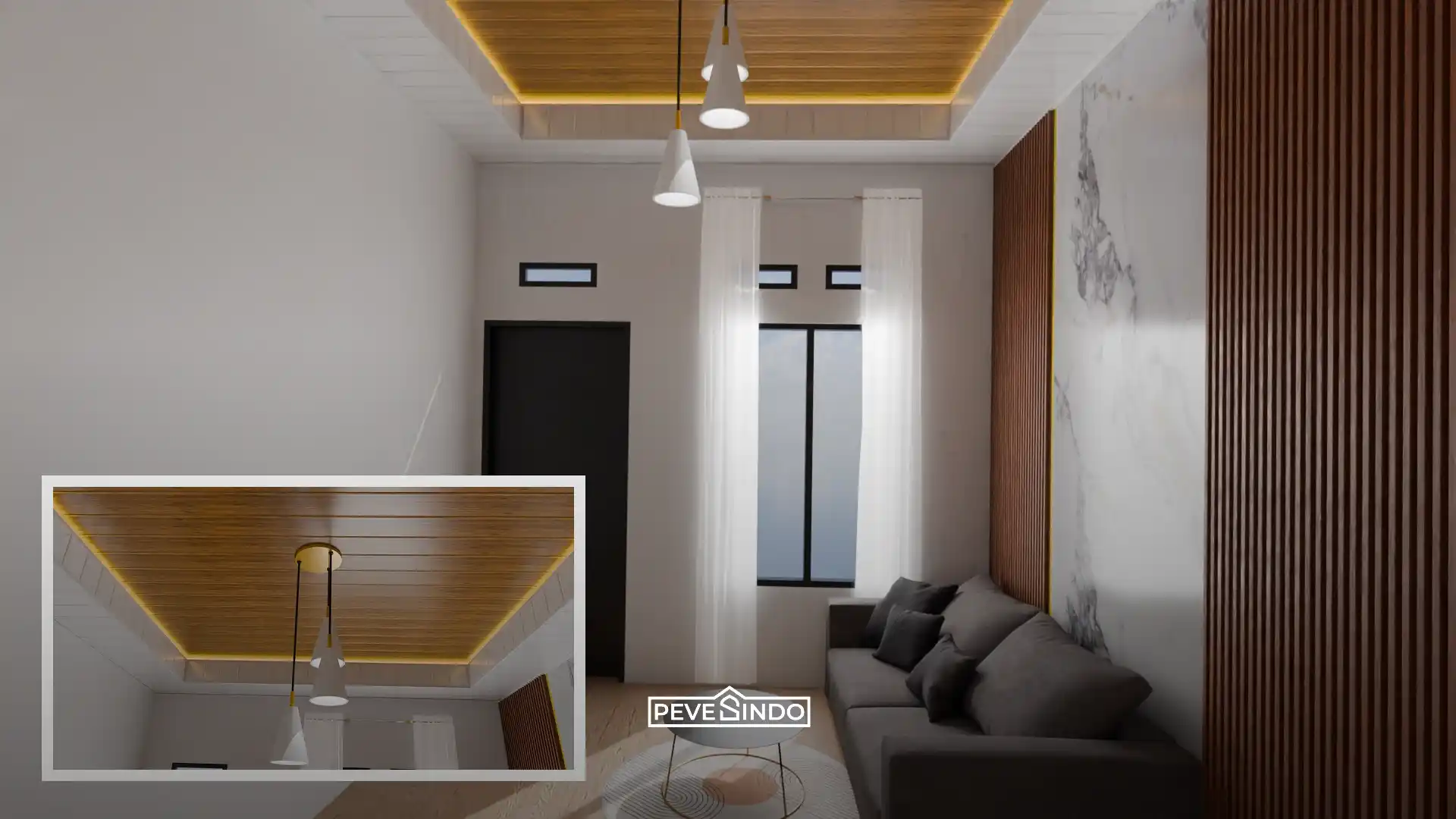 ruang keluarga nyaman dengan plafon pvc motif kayu pevesindo