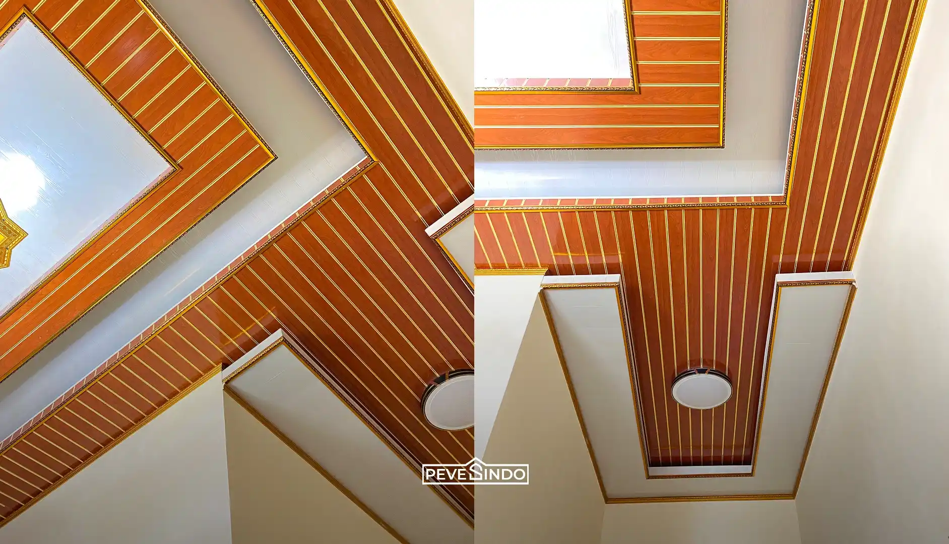lorong rumah modern dengan plafon pvc motif kayu natural