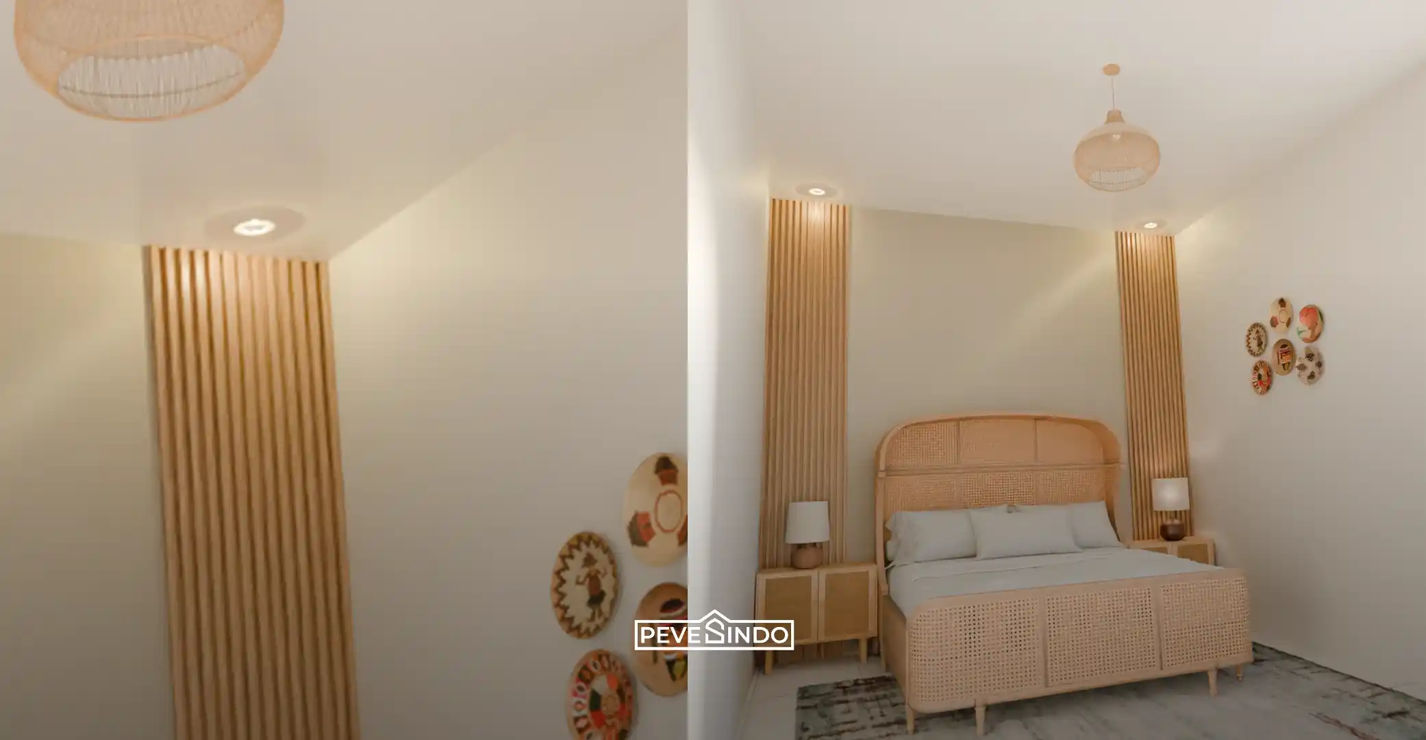 Lampu downlight warm white terpasang pada plafon PVC putih di kamar tidur bergaya resort.