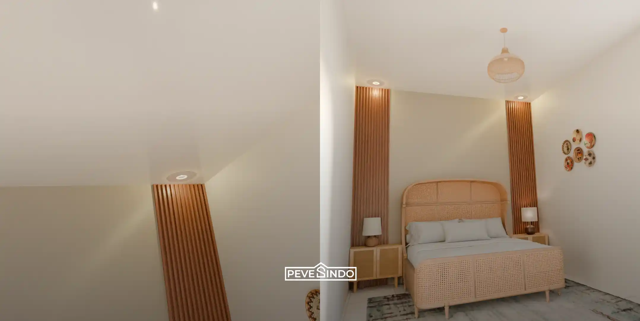 Plafon PVC putih polos pada kamar tidur bergaya villa Bali dengan furnitur rotan.