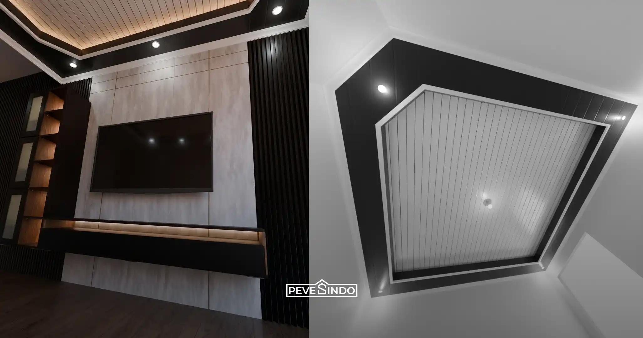 Plafon PVC ruang TV dengan drop ceiling untuk menyembunyikan instalasi kabel.
