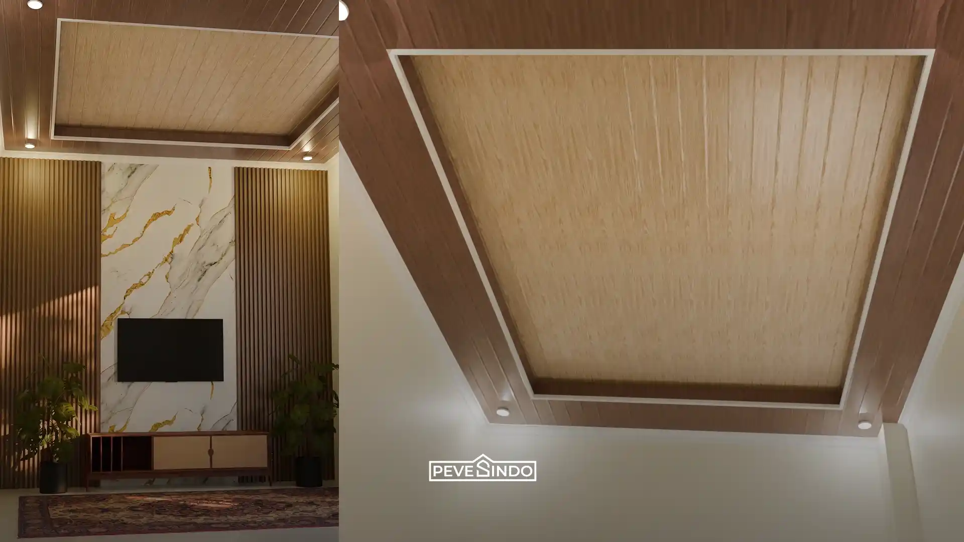 Plafon PVC ruang TV desain asimetris untuk ruangan dengan plafon rendah.