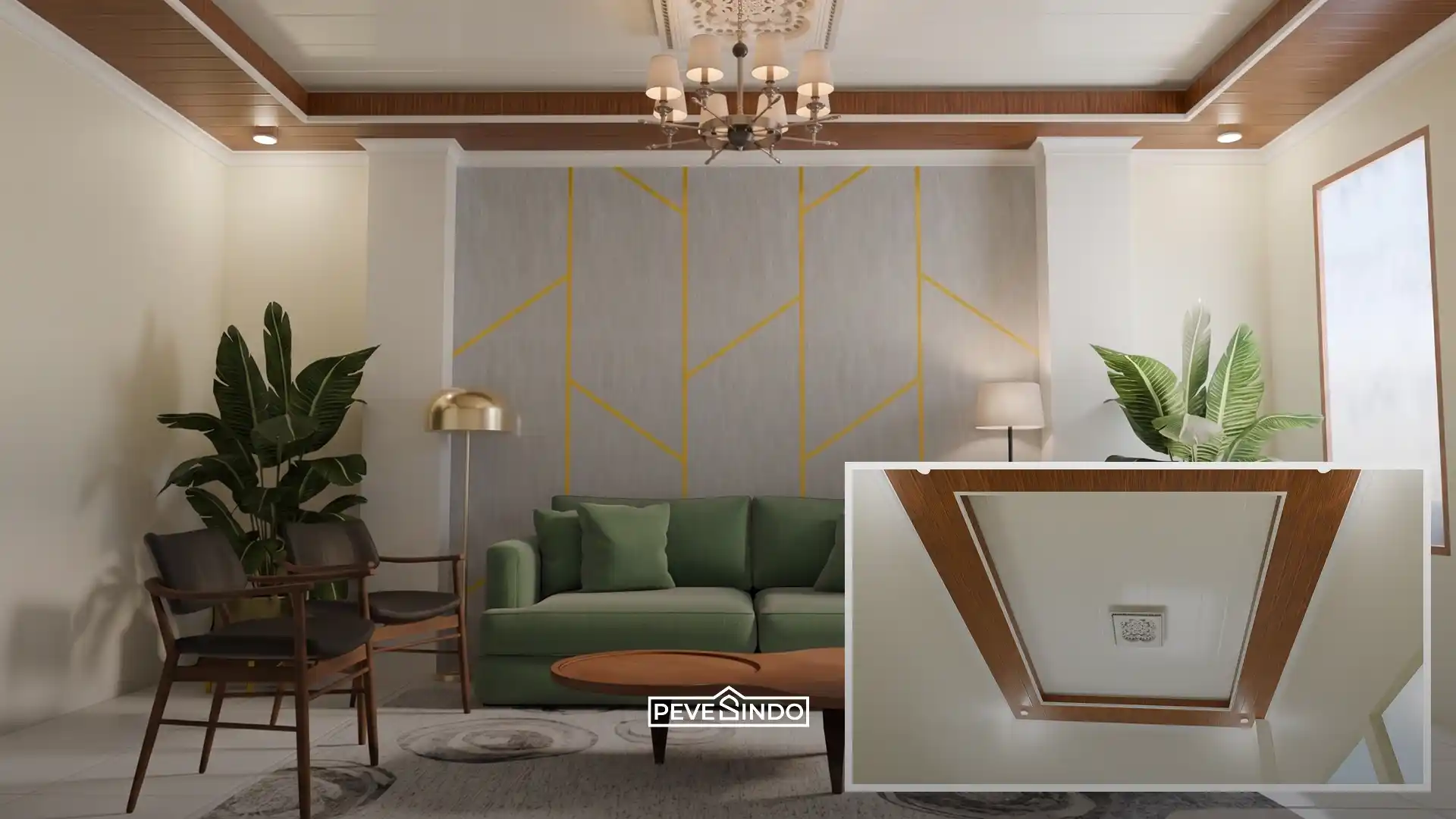 Lis plafon PVC membentuk area khusus di atas sofa dengan chandelier elegan.