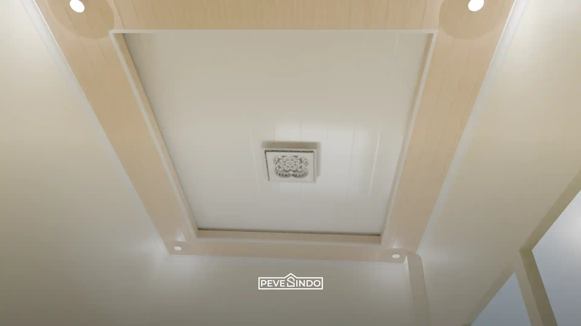 Plafon PVC model up ceiling dengan chandelier minimalis pada rumah berplafon rendah.