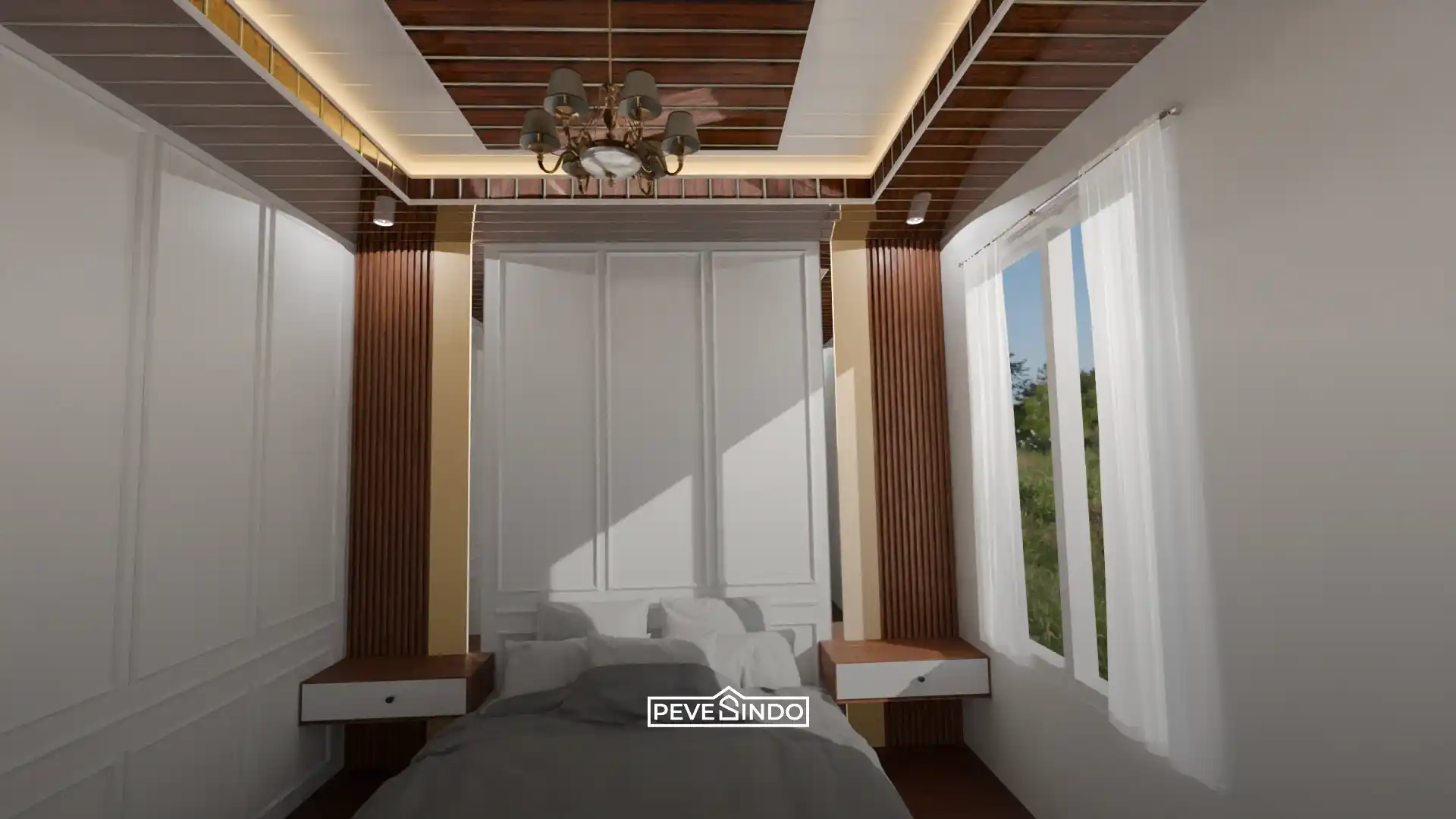 Pemasangan plafon PVC model drop ceiling dengan chandelier pada ruang tamu minimalis.