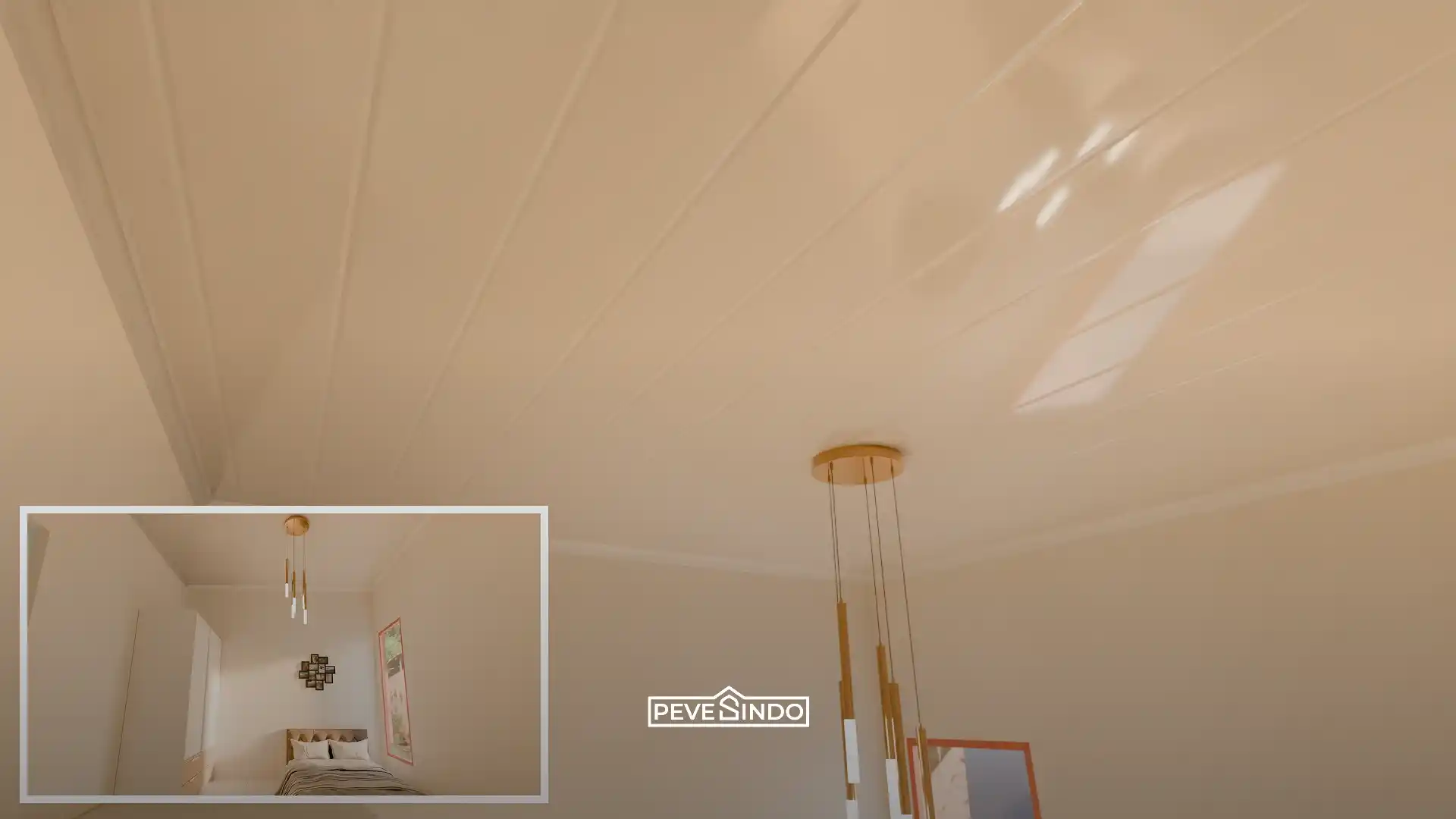 Desain plafon PVC minimalis dengan lampu gantung modern.