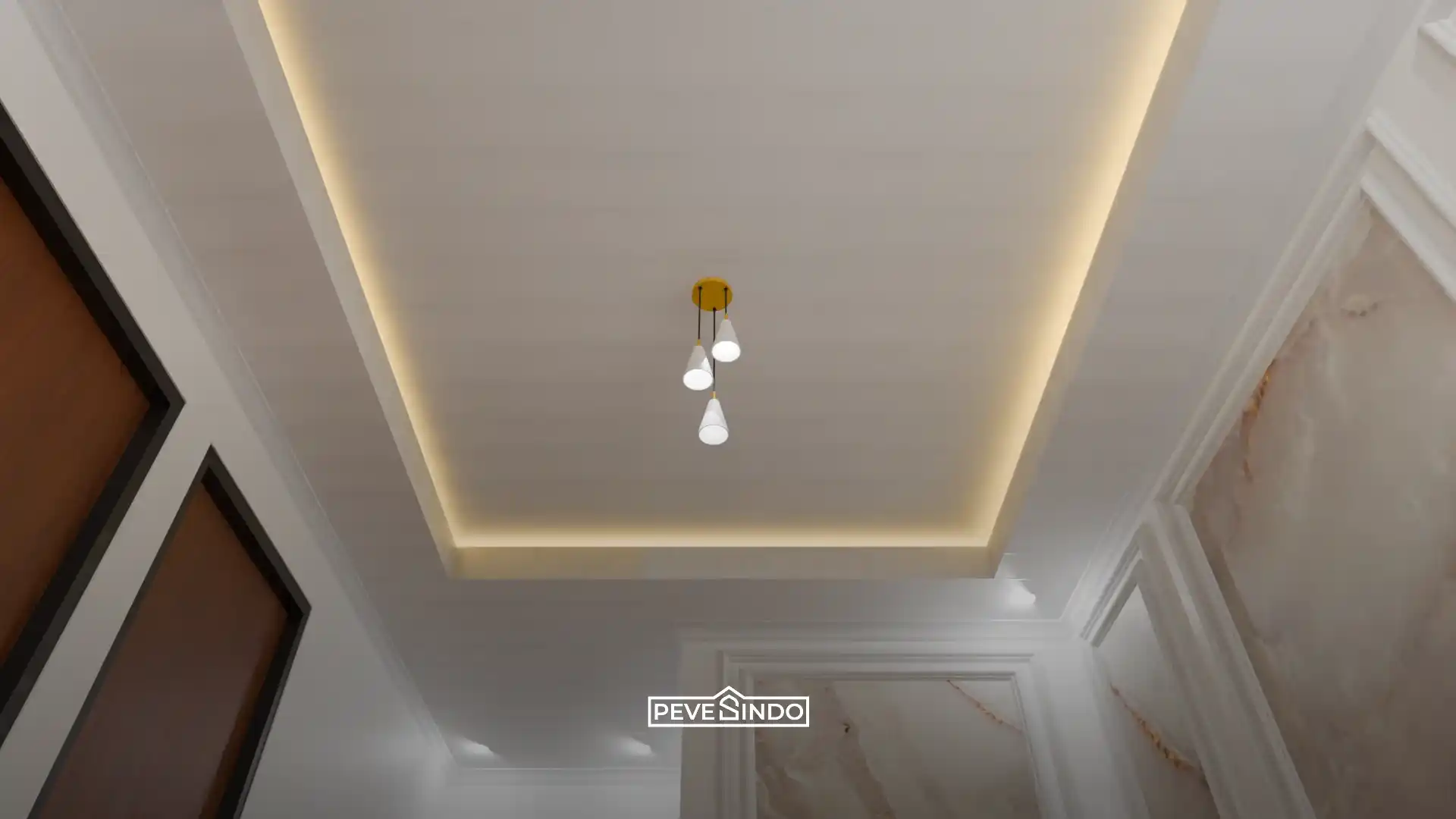 Plafon PVC dengan LED strip dan lampu gantung.