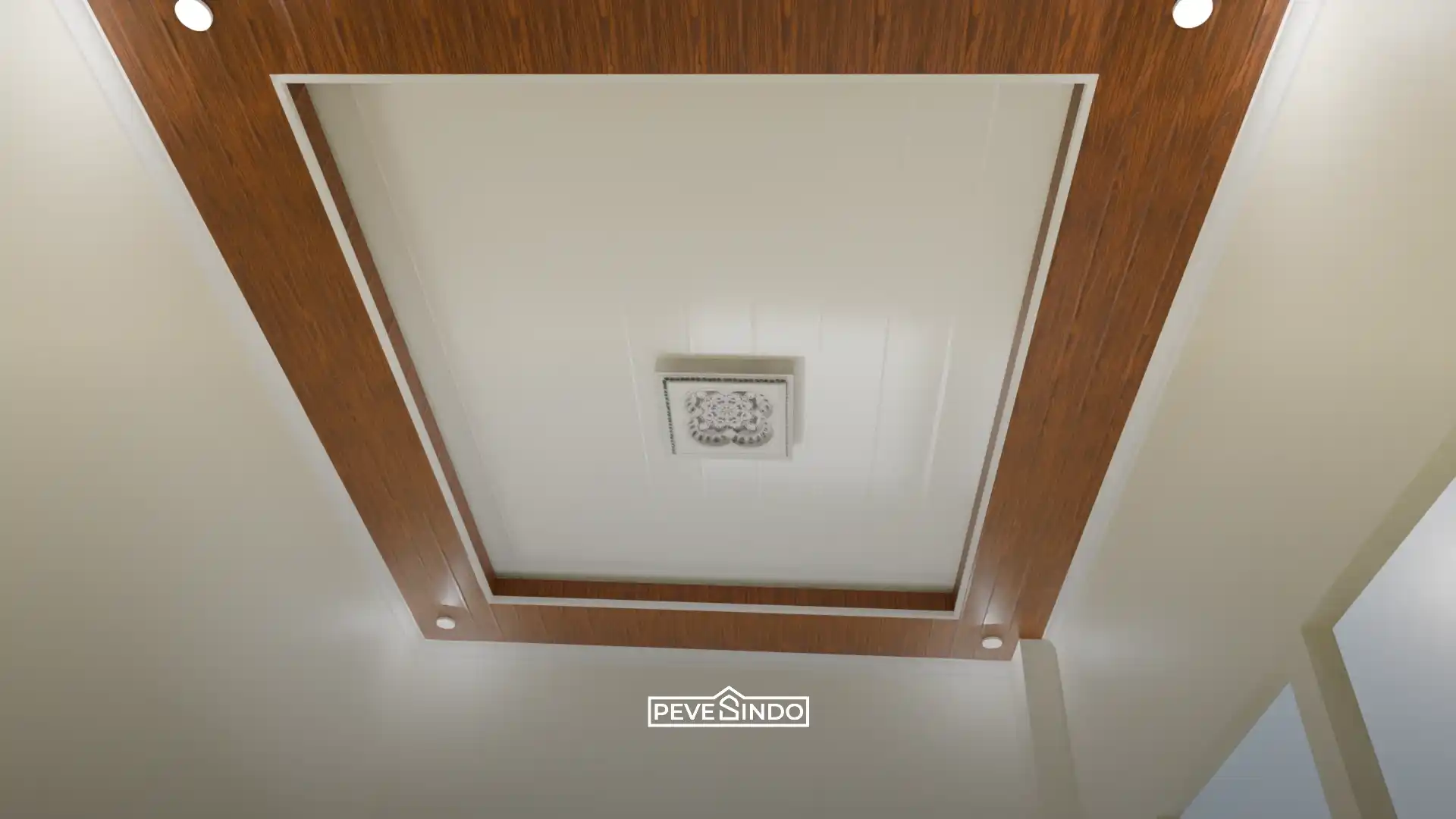 Plafon PVC motif kayu dengan lampu gantung warm white.