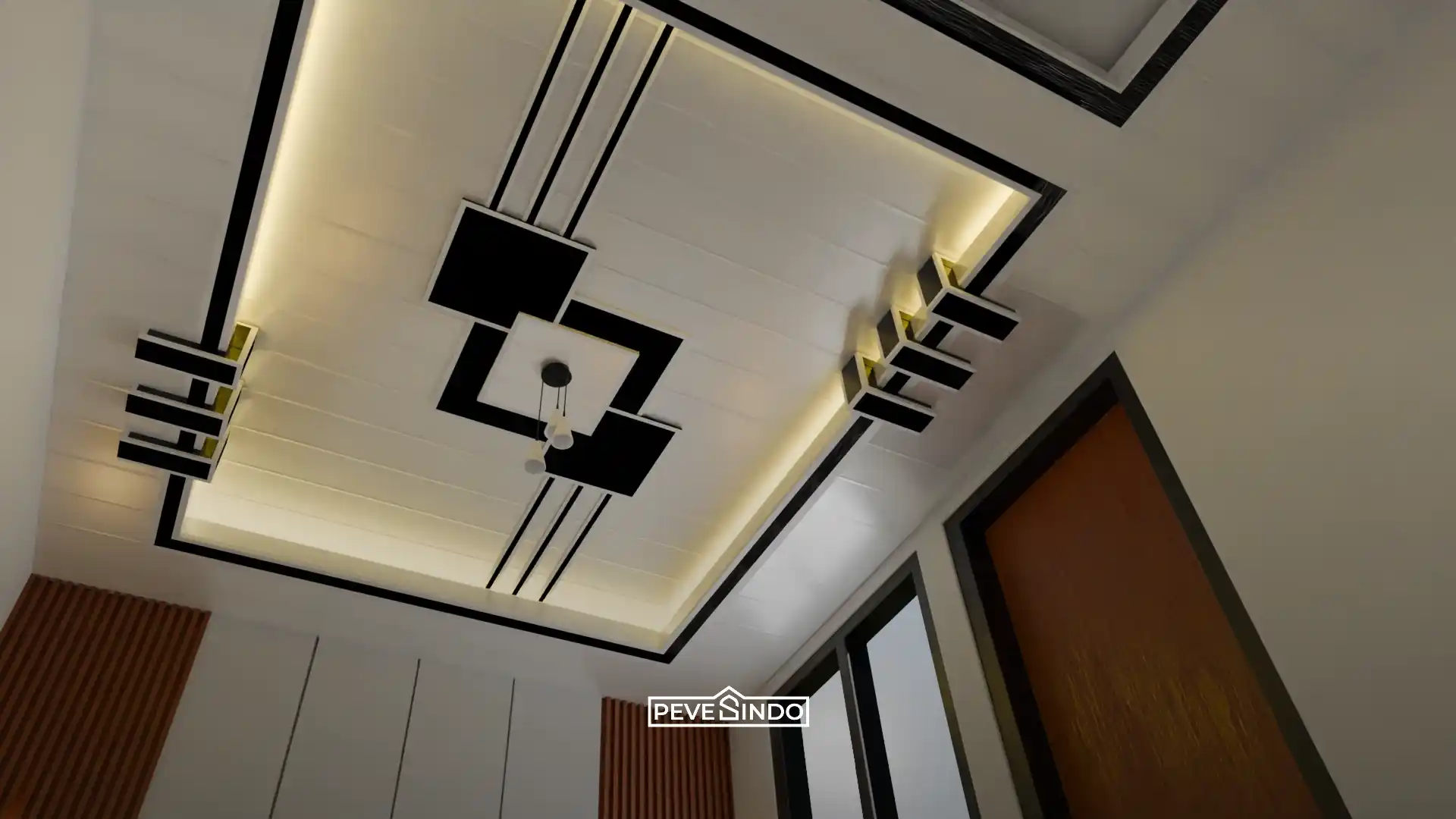 Ruang tamu kecil dengan plafon PVC putih glossy dan lampu gantung minimalis.