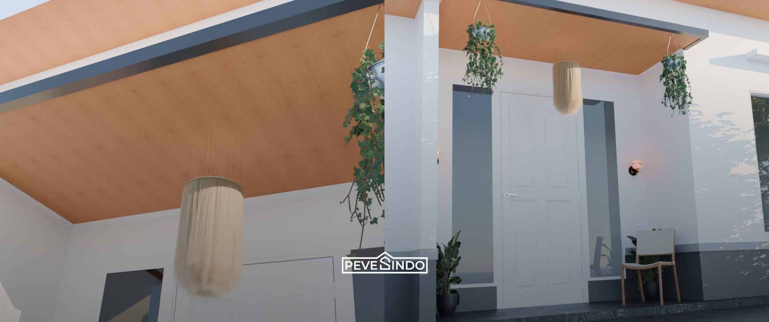 Desain plafon PVC lembaran panjang 4 meter motif kayu cokelat terang yang terpasang mulus pada atap miring teras depan rumah minimalis dengan pilar putih.