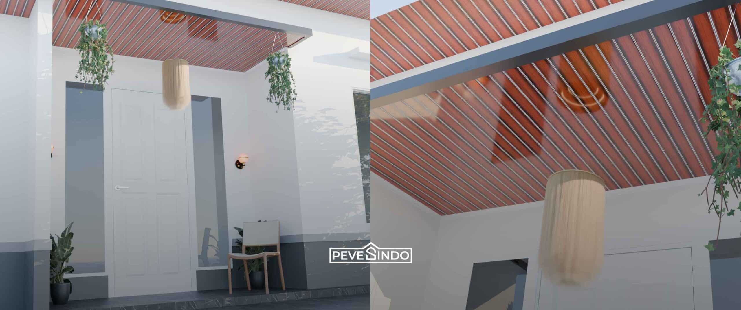Desain plafon PVC lembaran panjang motif garis kayu cokelat kemerahan terpasang rapi pada atap teras depan rumah berkonsep modern minimalis.