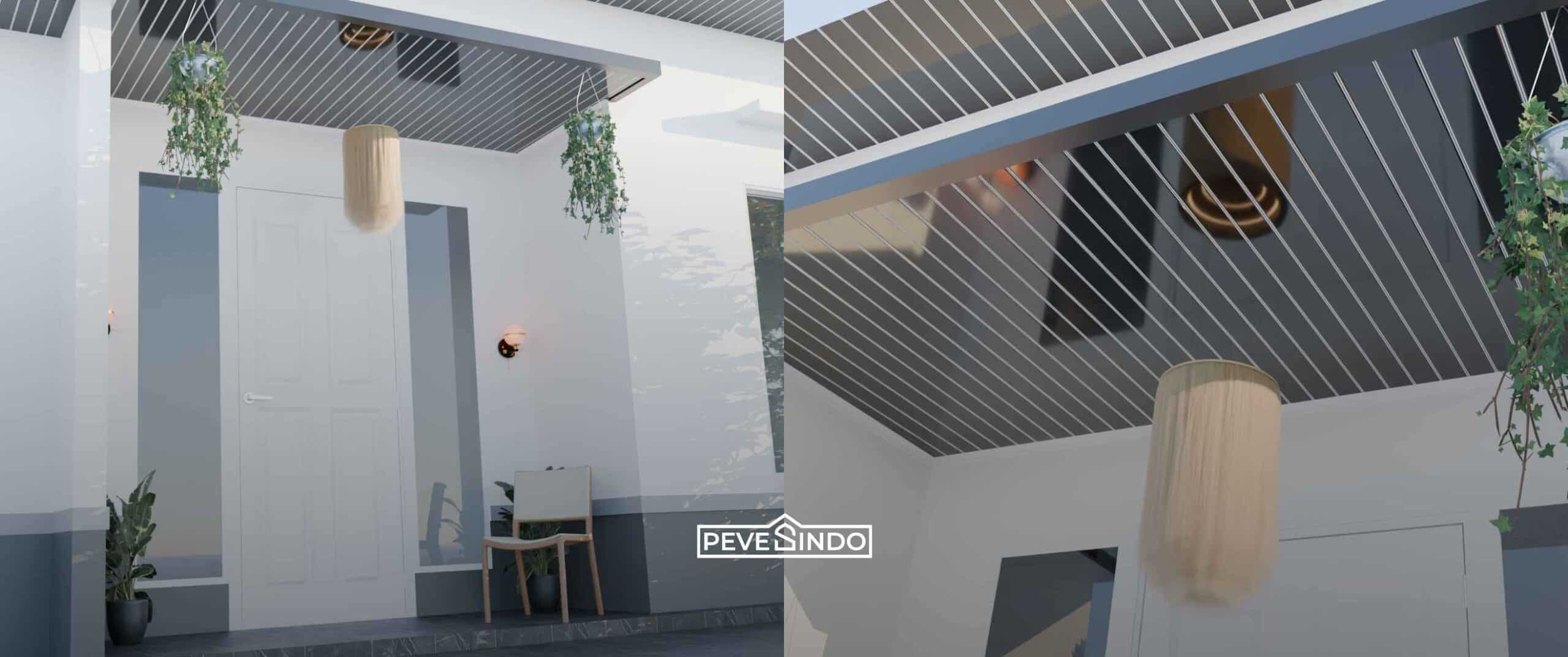 Desain plafon PVC lembaran panjang 4 meter motif garis abu-abu gelap terpasang rapi pada atap teras depan bergaya industrial modern.