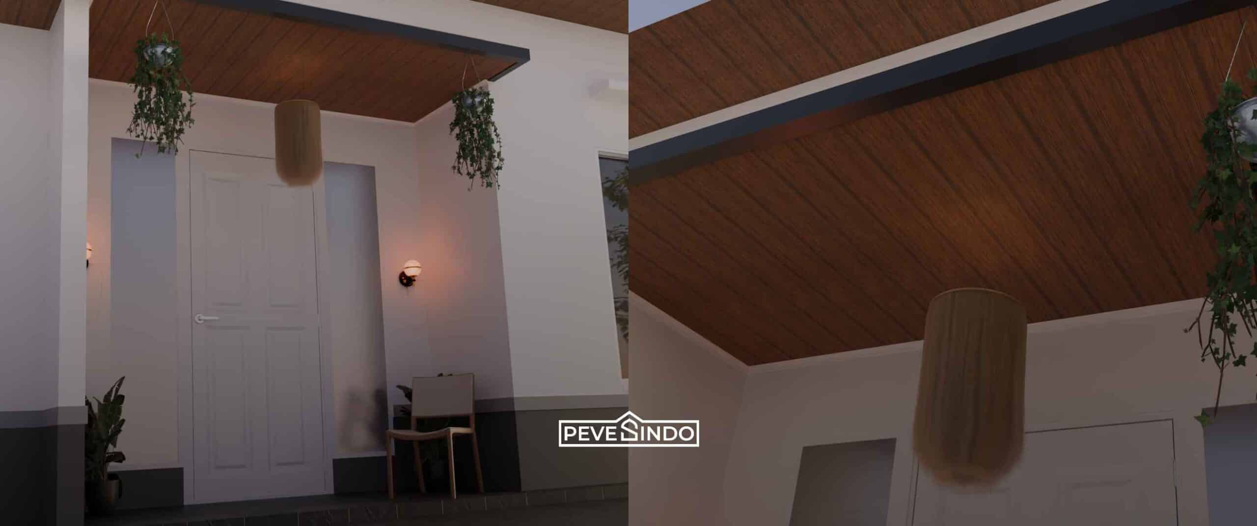 Desain plafon PVC lembaran panjang motif kayu cokelat gelap yang terpasang elegan pada atap teras depan dengan dekorasi tanaman gantung.