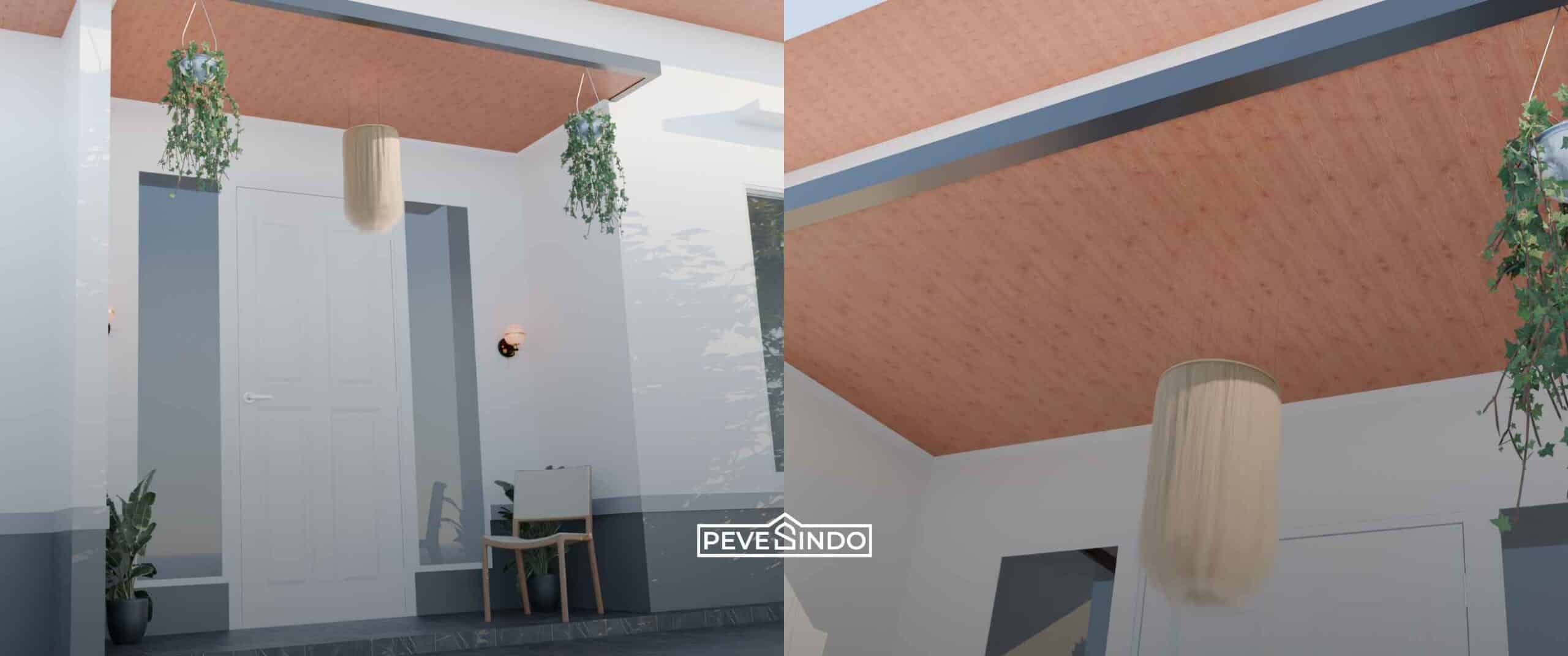 Desain plafon PVC lembaran panjang motif kayu cokelat natural yang terpasang rapi pada atap teras depan rumah minimalis.