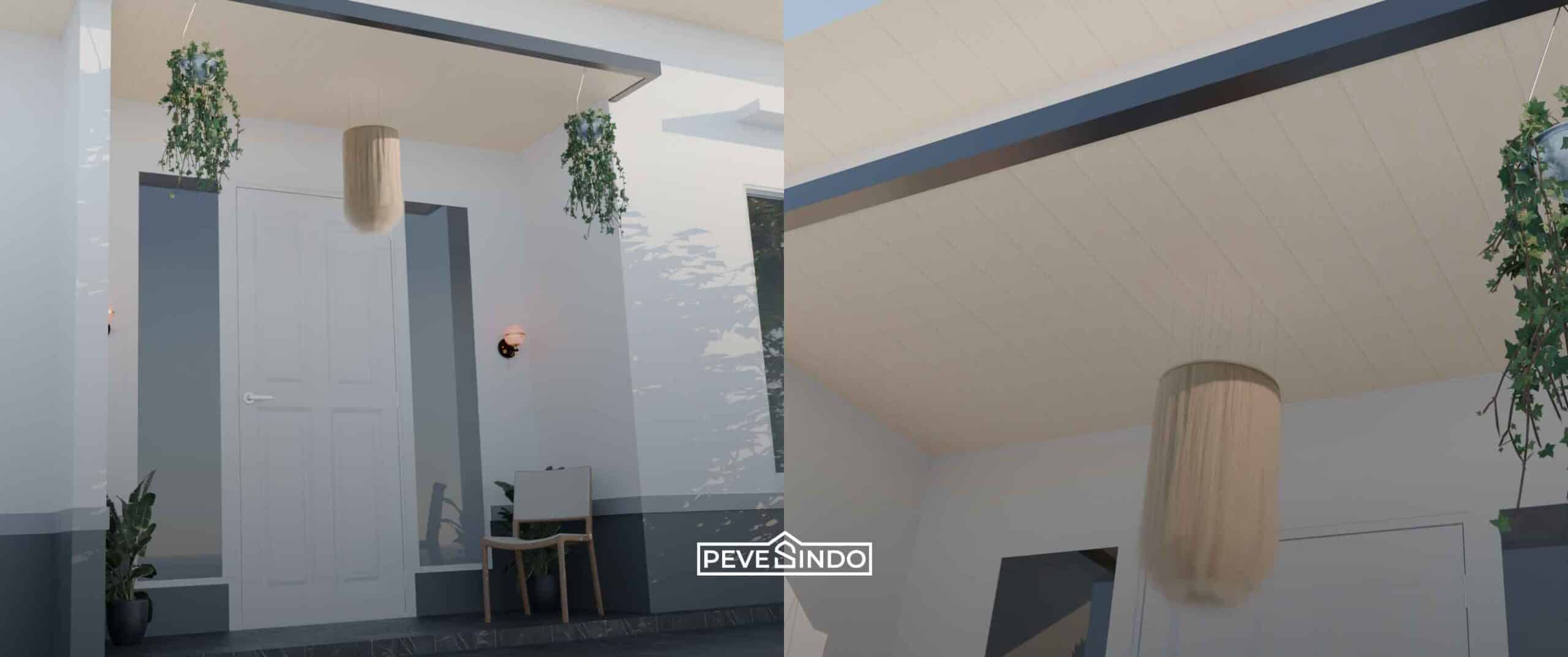 Desain plafon PVC lembaran panjang warna krem terpasang pada teras depan rumah berkonsep minimalis dengan pintu putih dan tanaman gantung.