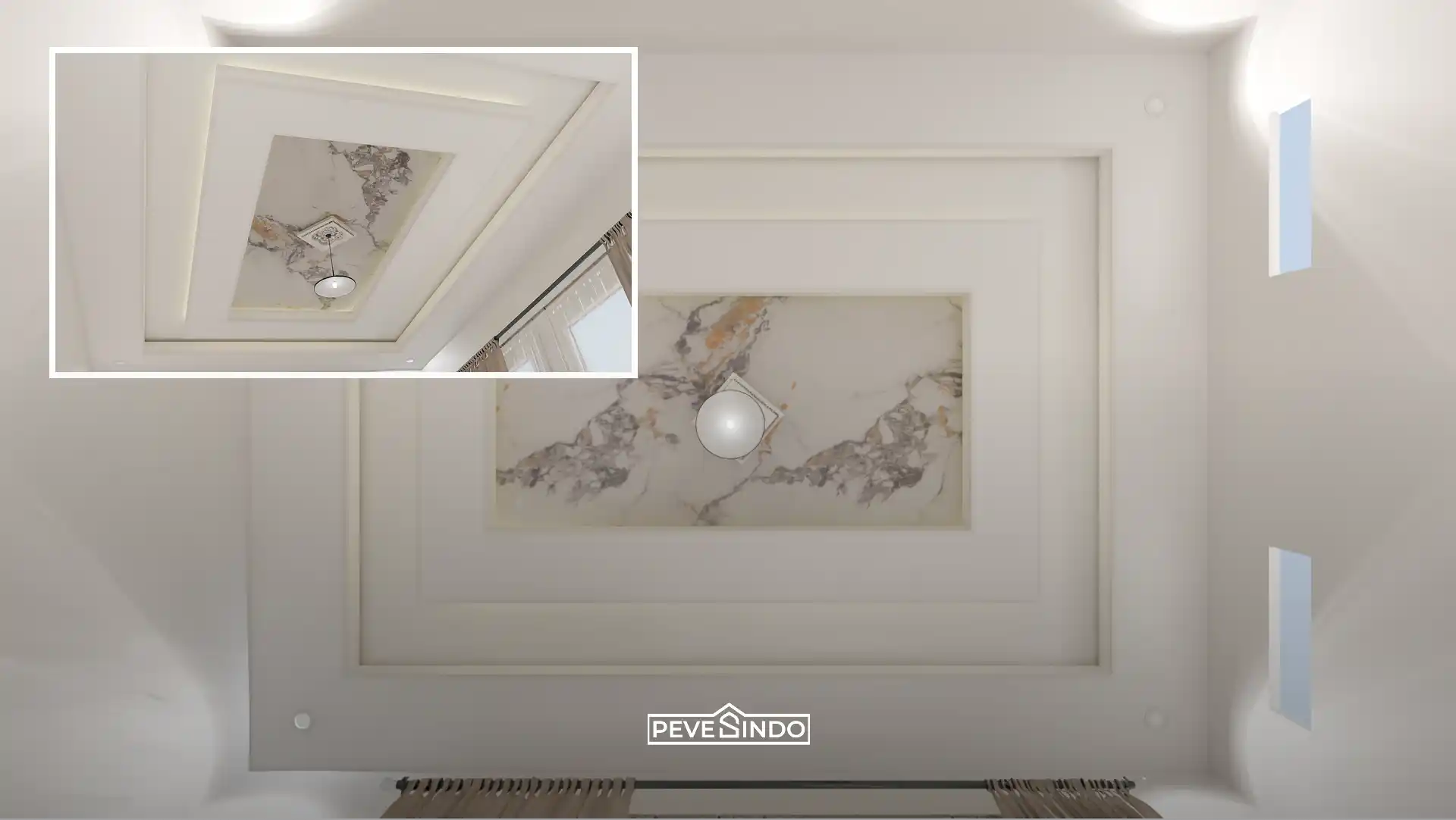 Desain drop ceiling putih dengan aksen tengah plafon PVC motif marmer dari Pevesindo yang ringan dan elegan.