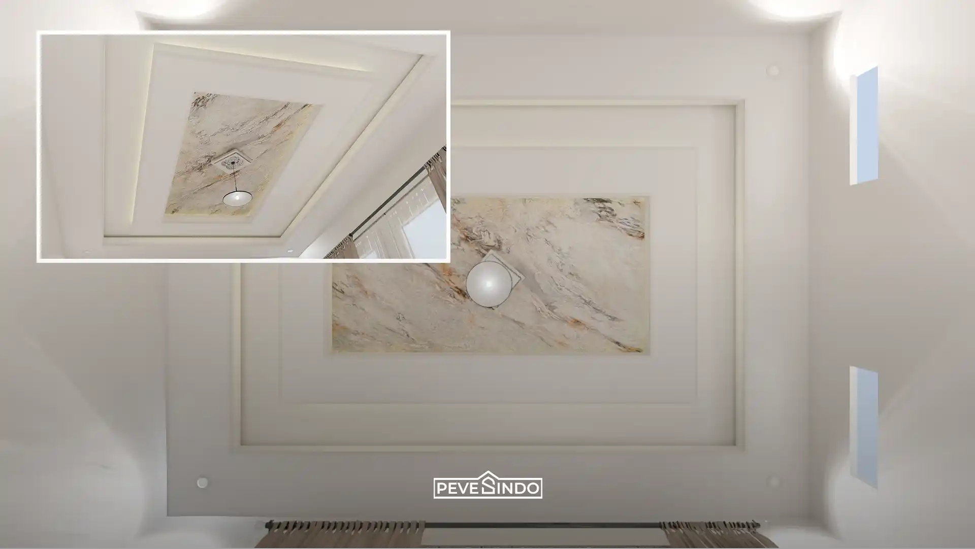 Desain interior ruang tamu dengan drop ceiling putih dan aksen plafon PVC motif marmer Pevesindo yang mewah dan bebas rayap.