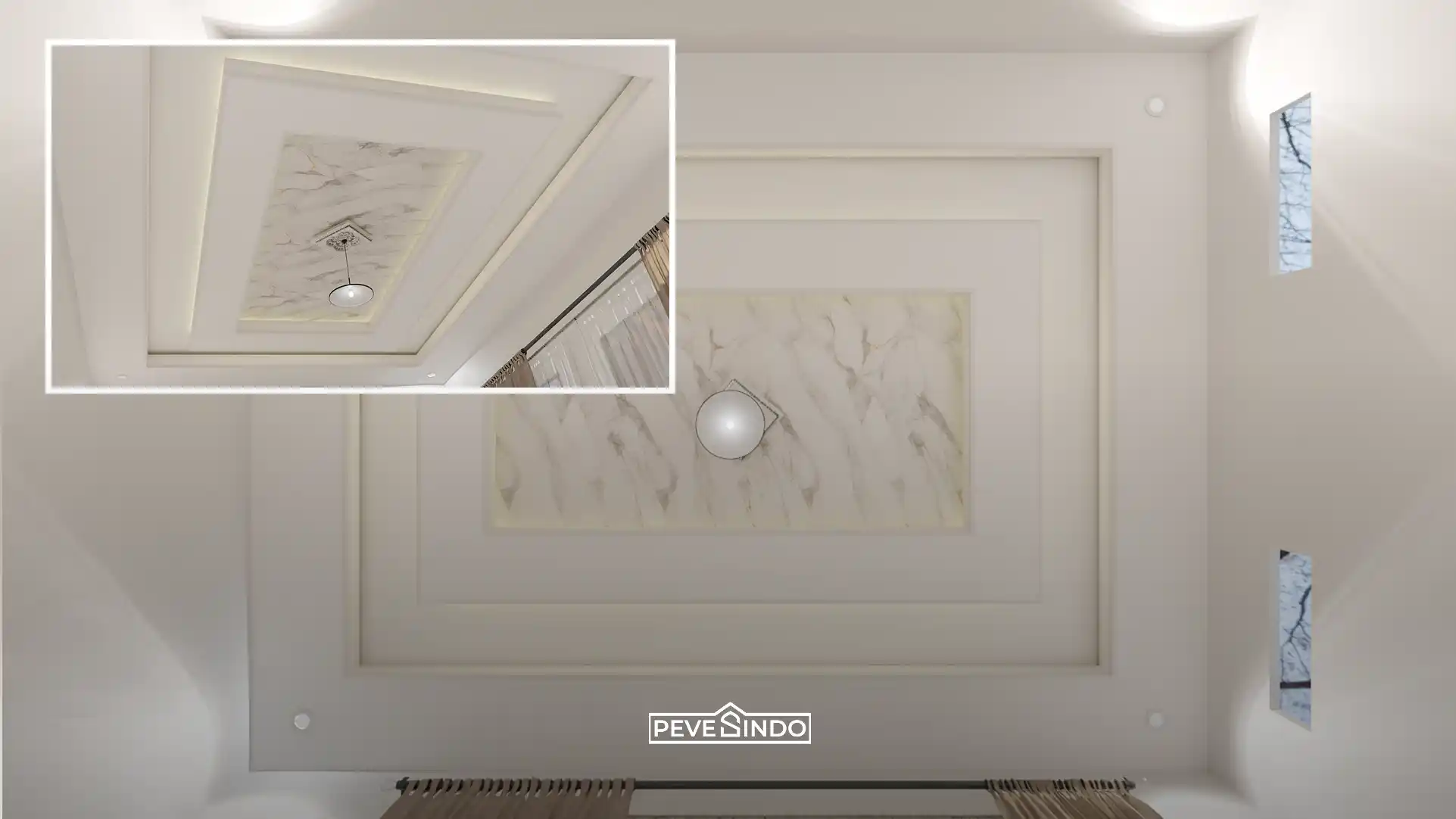 Tampilan bawah drop ceiling putih minimalis dengan aksen tengah menggunakan plafon PVC motif marmer Pevesindo yang elegan dan anti rayap.