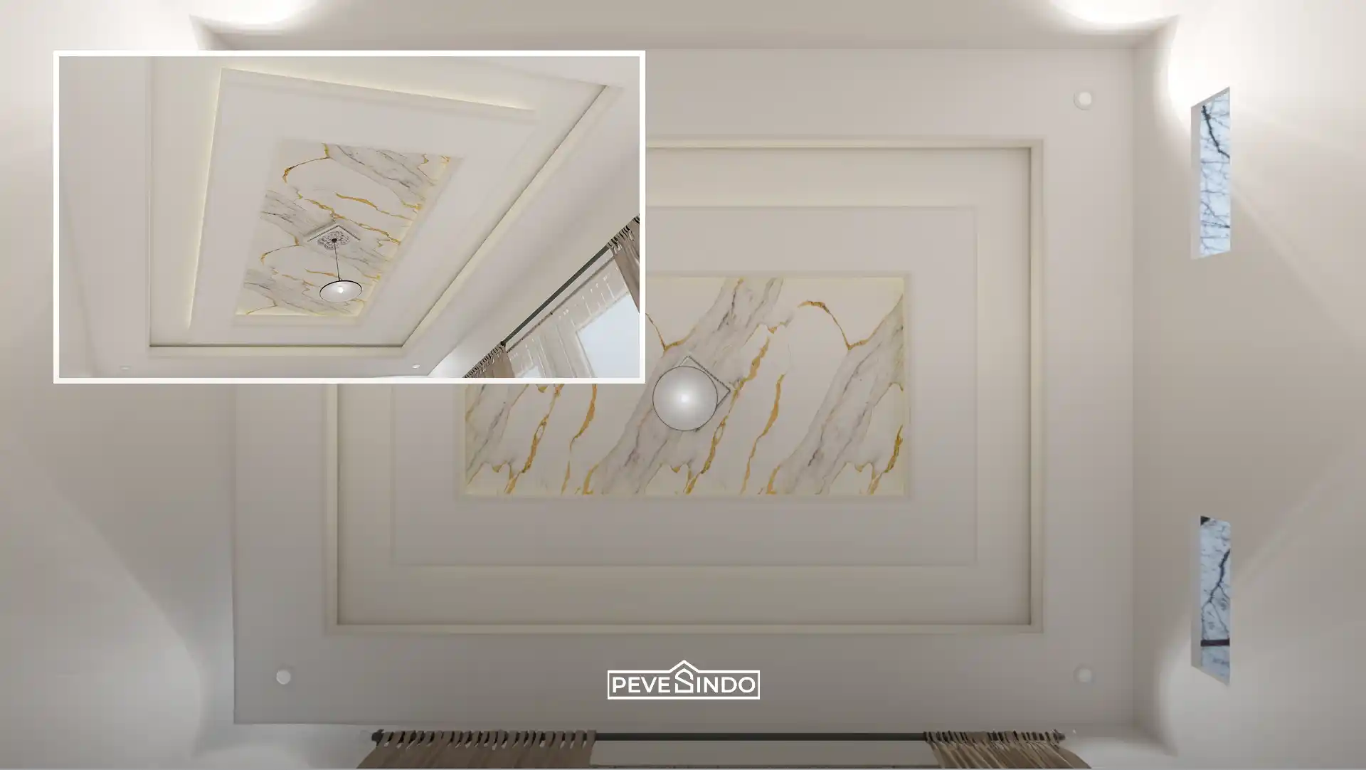 Desain drop ceiling putih elegan dengan aksen tengah plafon PVC motif marmer urat emas dari Pevesindo yang mewah, anti rayap, dan tahan air.