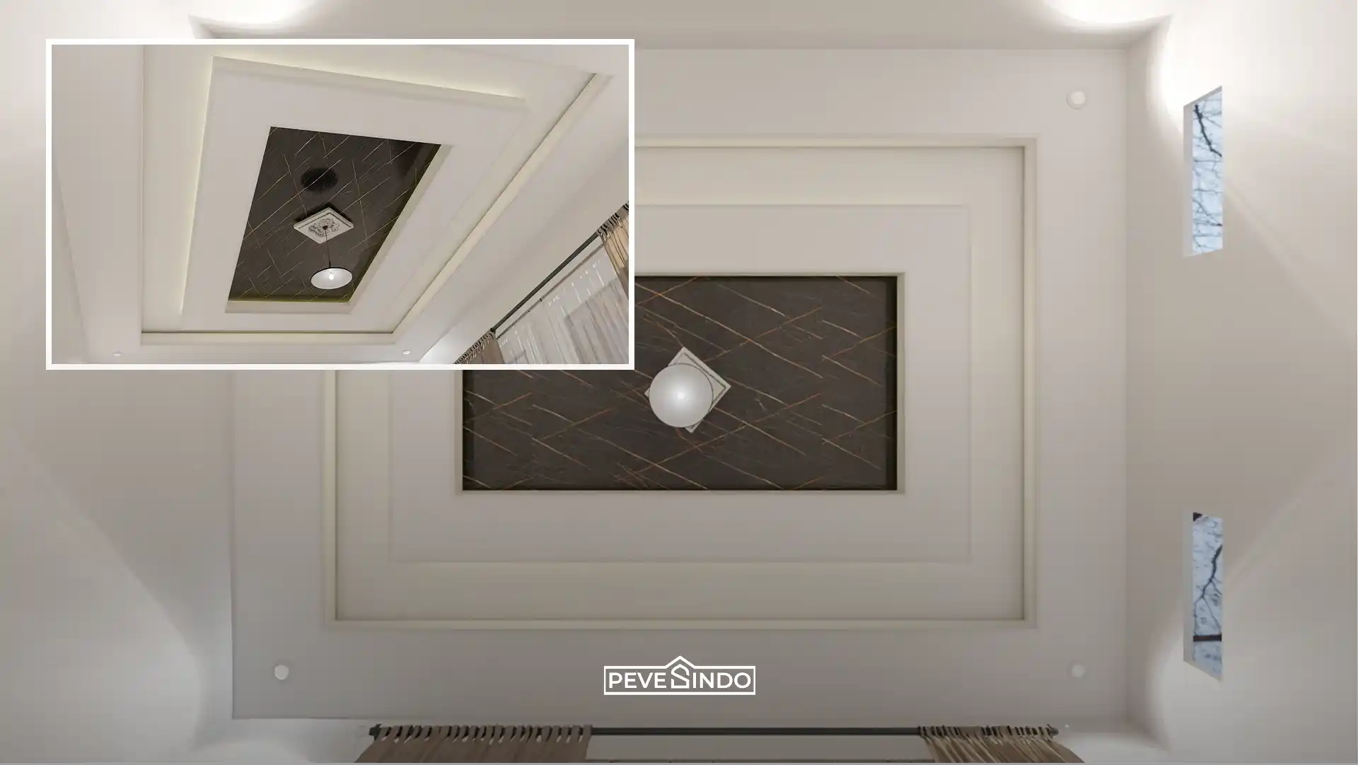 Desain interior drop ceiling putih dengan aksen tengah menggunakan plafon PVC Pevesindo motif marmer hitam garis emas yang elegan, anti rayap, dan tahan air.