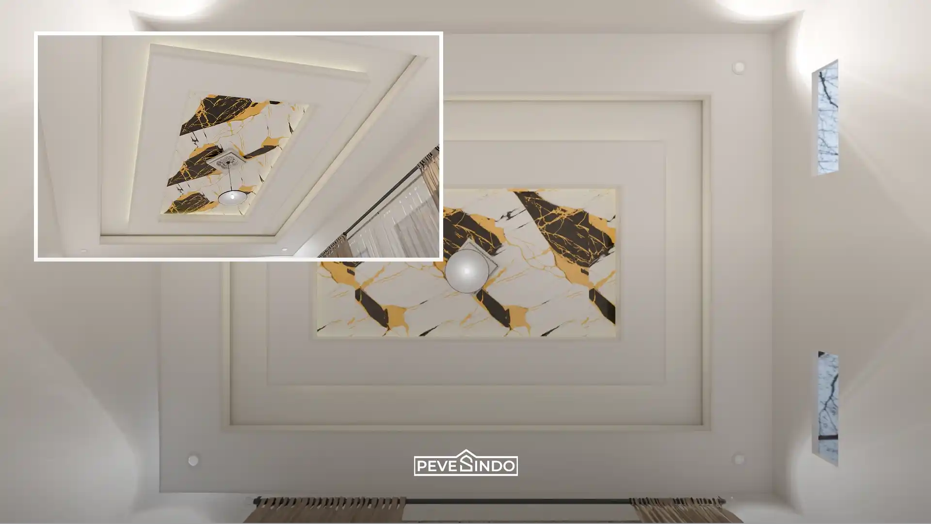 Desain drop ceiling putih dengan aksen tengah menggunakan plafon PVC Pevesindo motif marmer hitam dan emas yang elegan, ringan, serta anti rayap.