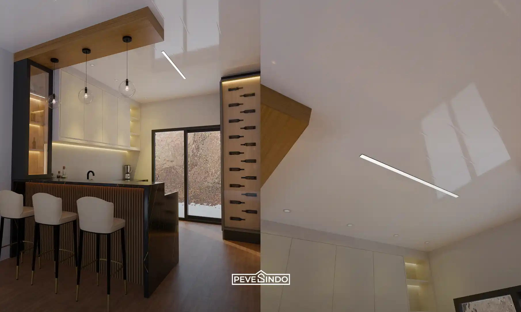 Hadirkan kesan eksklusif dan modern di area dapur melalui plafon PVC hitam glossy bermotif garis elegan dari Pevesindo. Dengan spesifikasi panjang 4 meter yang efektif meminimalisir sambungan, plafon ini memberikan tampilan estetis yang rapi sekaligus terjamin 100% tahan air dan bebas rayap untuk jangka panjang.
Alt text: Desain interior dapur modern dengan meja bar elegan dan plafon PVC hitam glossy motif garis anti air yang mewah.