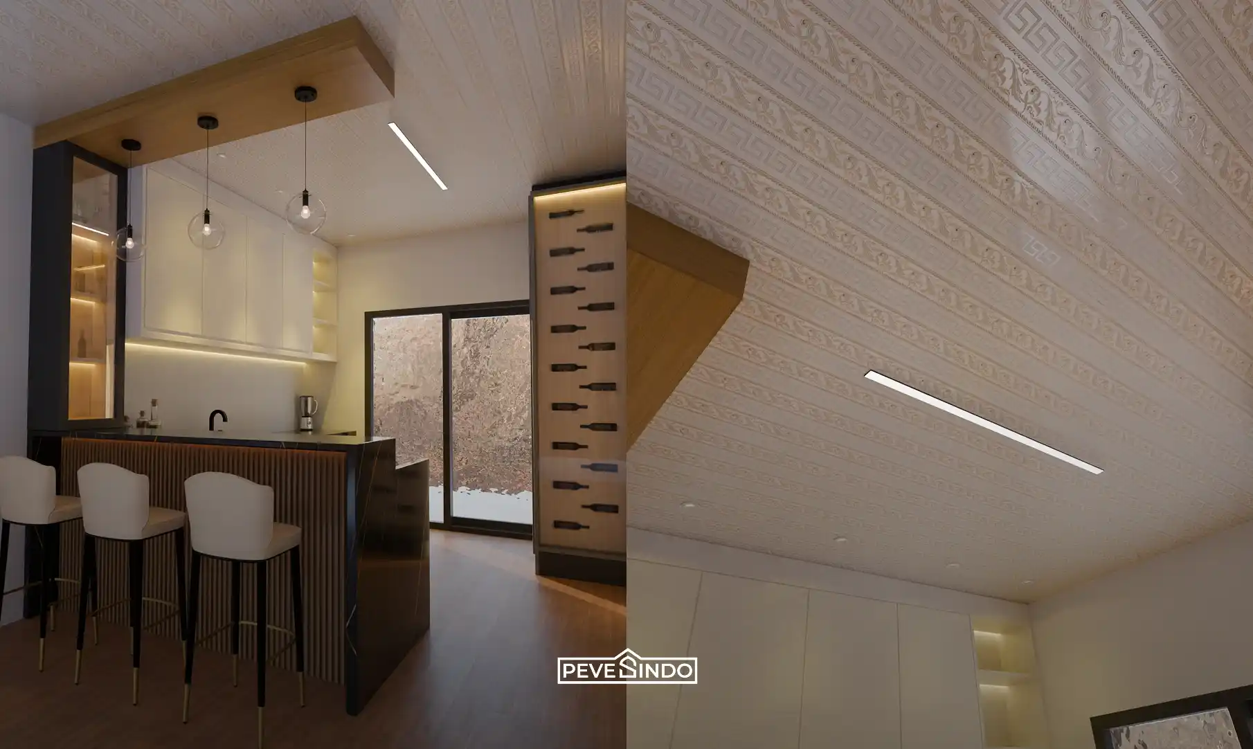 Desain interior dapur modern dengan plafon PVC motif ornamen klasik anti air dan aksen drop ceiling kayu di atas meja bar.