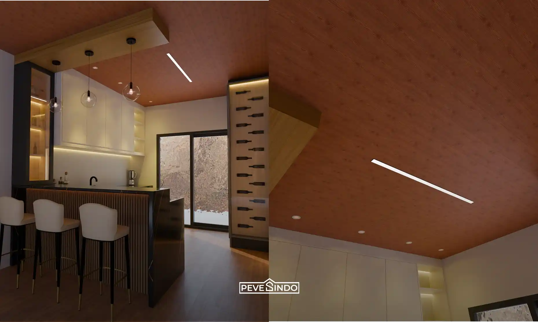 Desain interior dapur modern dengan meja bar dan plafon PVC motif kayu natural anti rayap dilengkapi pencahayaan hangat.
