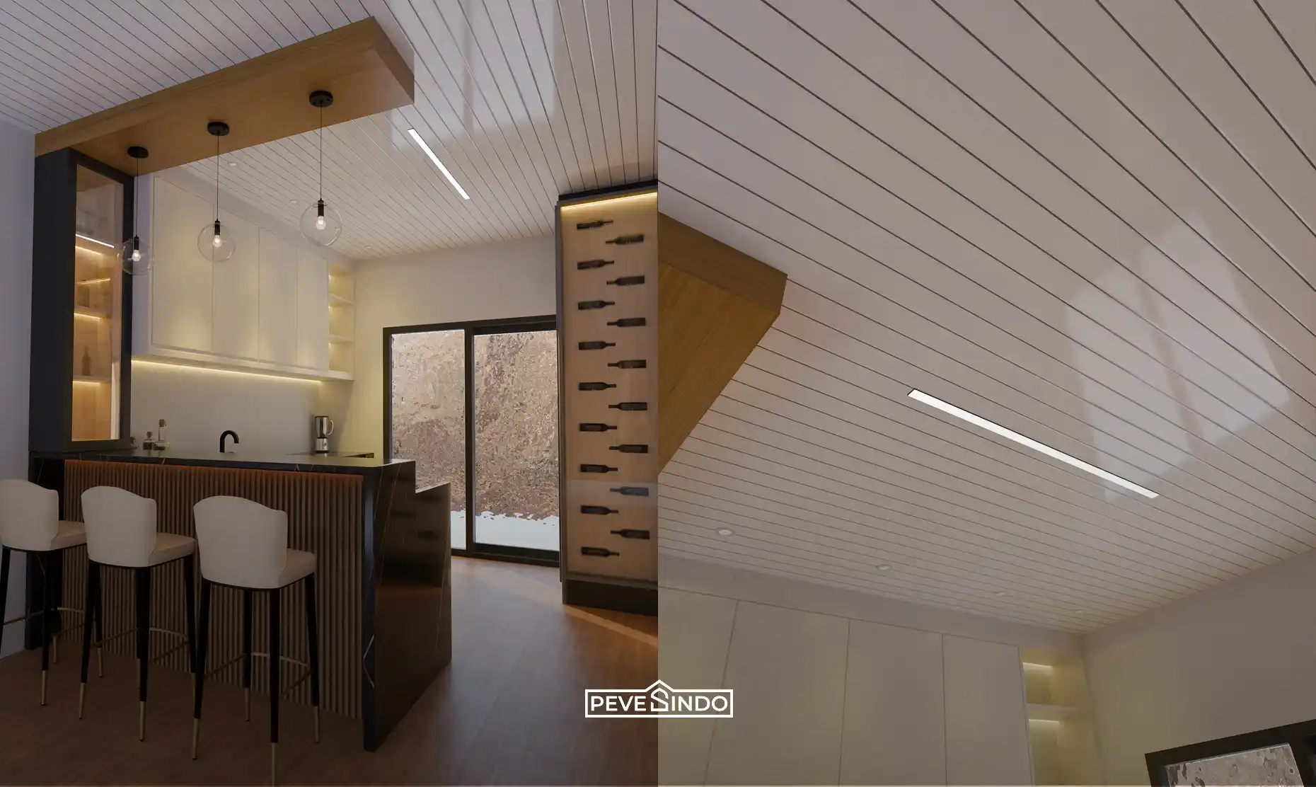 Desain interior dapur modern minimalis dengan plafon PVC motif garis putih anti air dan aksen kayu pada area meja bar.