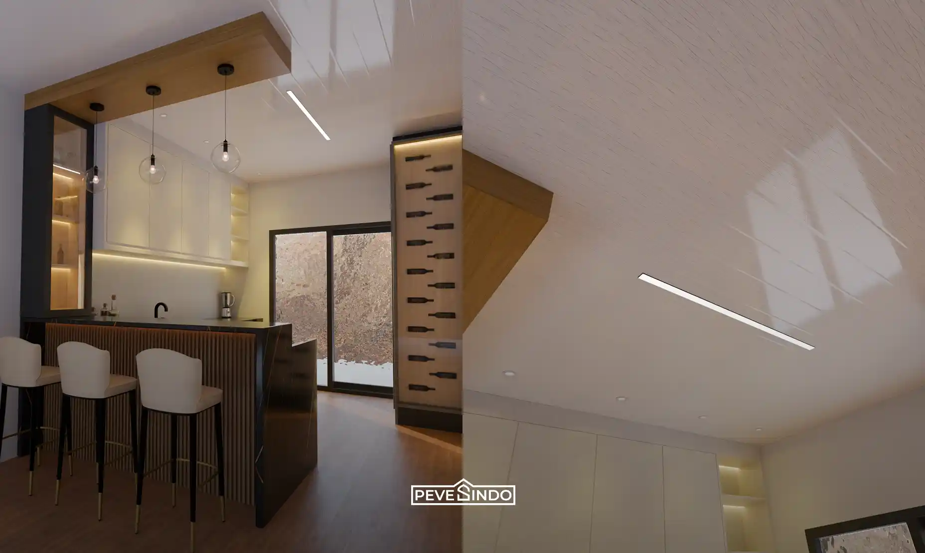 Desain interior dapur modern dengan meja bar dan plafon PVC putih motif gelombang anti air dilengkapi aksen drop ceiling kayu.