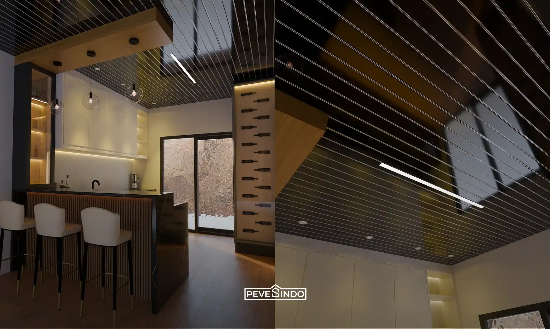 Desain interior dapur modern dengan meja bar elegan dan plafon PVC hitam glossy motif garis anti air yang mewah.