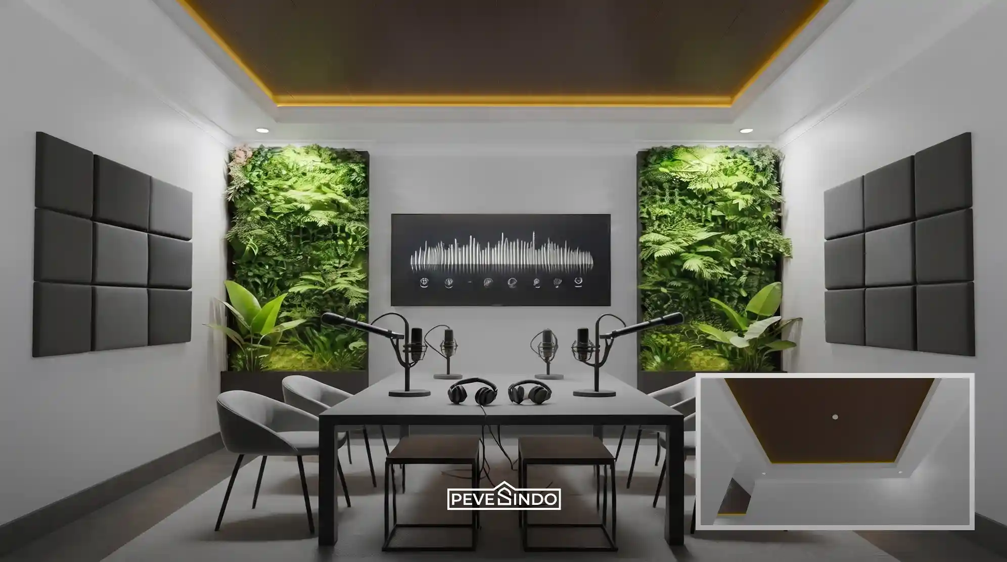 Interior studio podcast modern dengan dinding tanaman hijau, panel akustik, dan instalasi drop ceiling menggunakan plafon PVC 4 meter warna cokelat gelap dari Pevesindo.