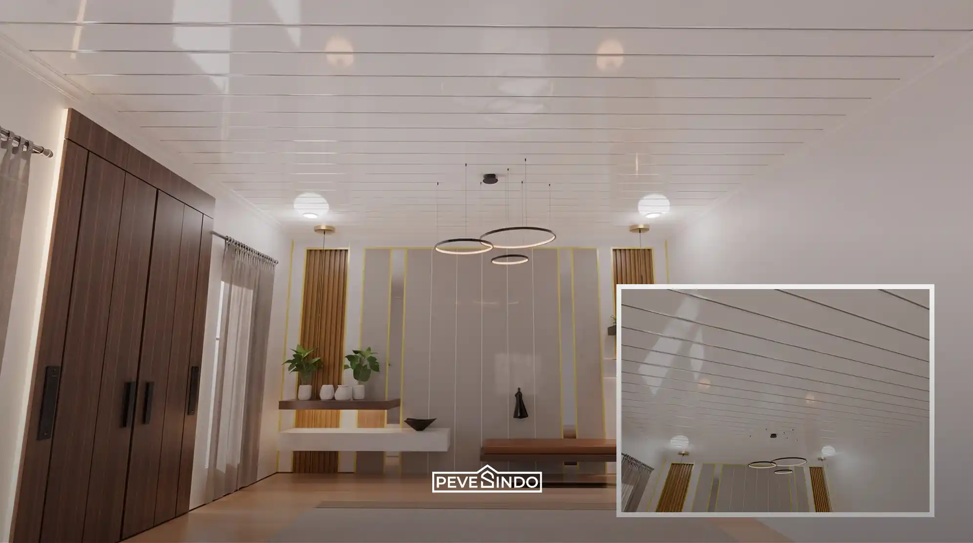 Desain interior ruang tamu minimalis modern menggunakan plafon PVC motif kayu glossy dan wallpanel dekoratif dari Pevesindo.