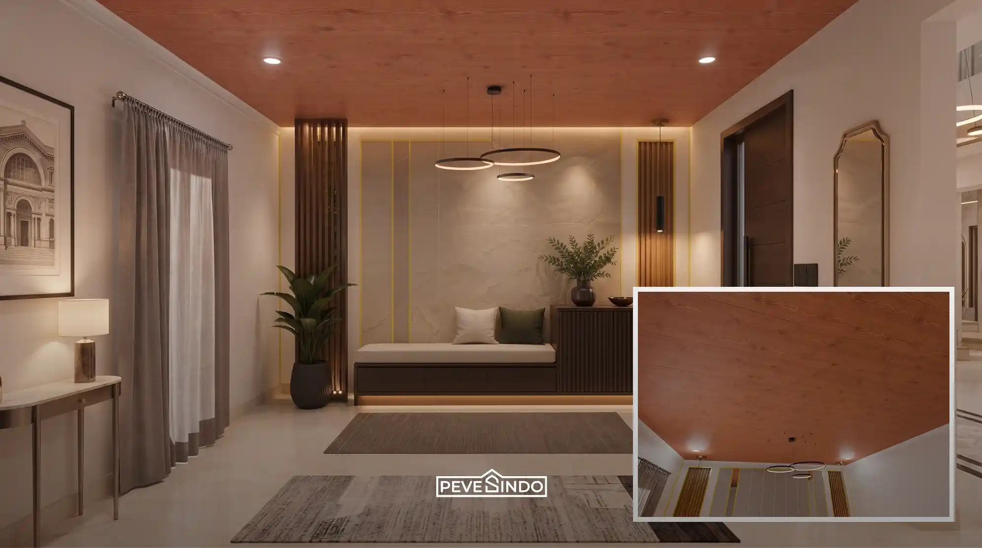 Desain interior ruang tamu dengan plafon PVC motif kayu matte, wallpanel kayu dekoratif, dan pencahayaan hangat dari Pevesindo.