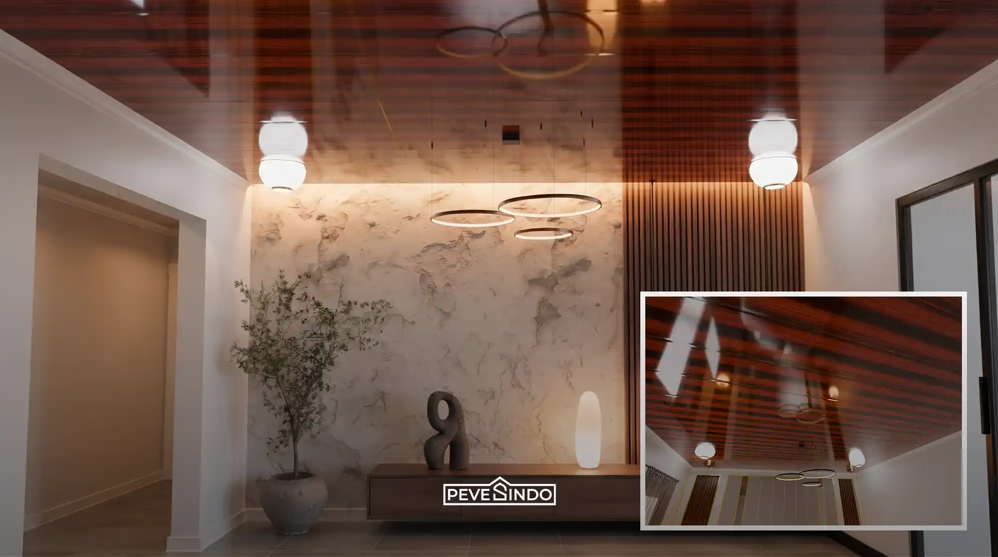 Desain ruang keluarga modern dengan plafon PVC putih glossy dan elemen dekorasi dinding kayu dari Pevesindo.