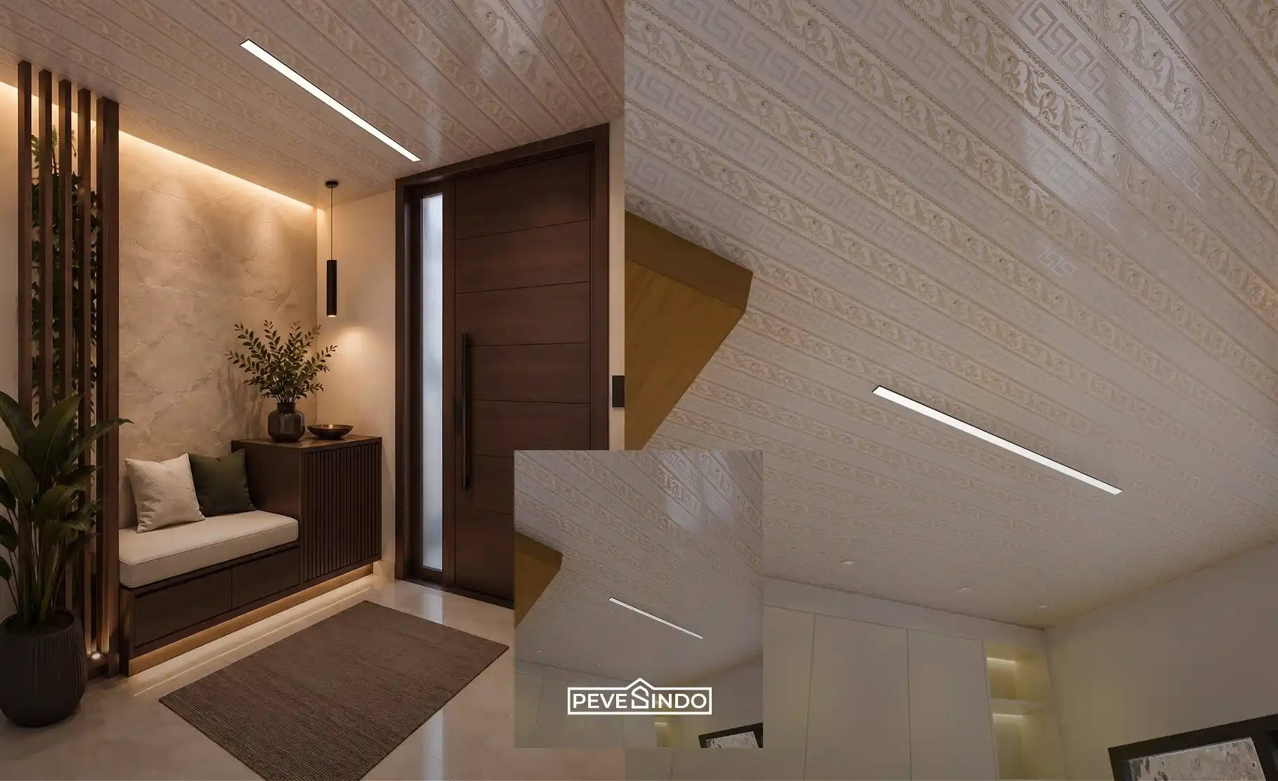 Desain interior mewah dengan plafon PVC motif ukir klasik dan wallpanel dekoratif untuk sentuhan elegan di ruang tamu.