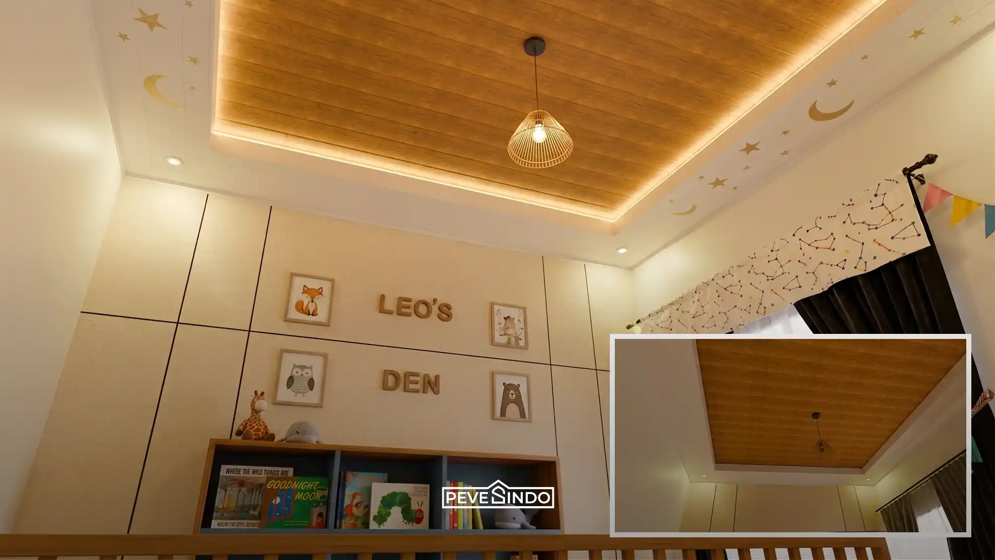 Plafon PVC Pevesindo motif kayu dengan desain drop ceiling dan lampu LED hangat pada langit-langit kamar bermain anak bertema binatang.