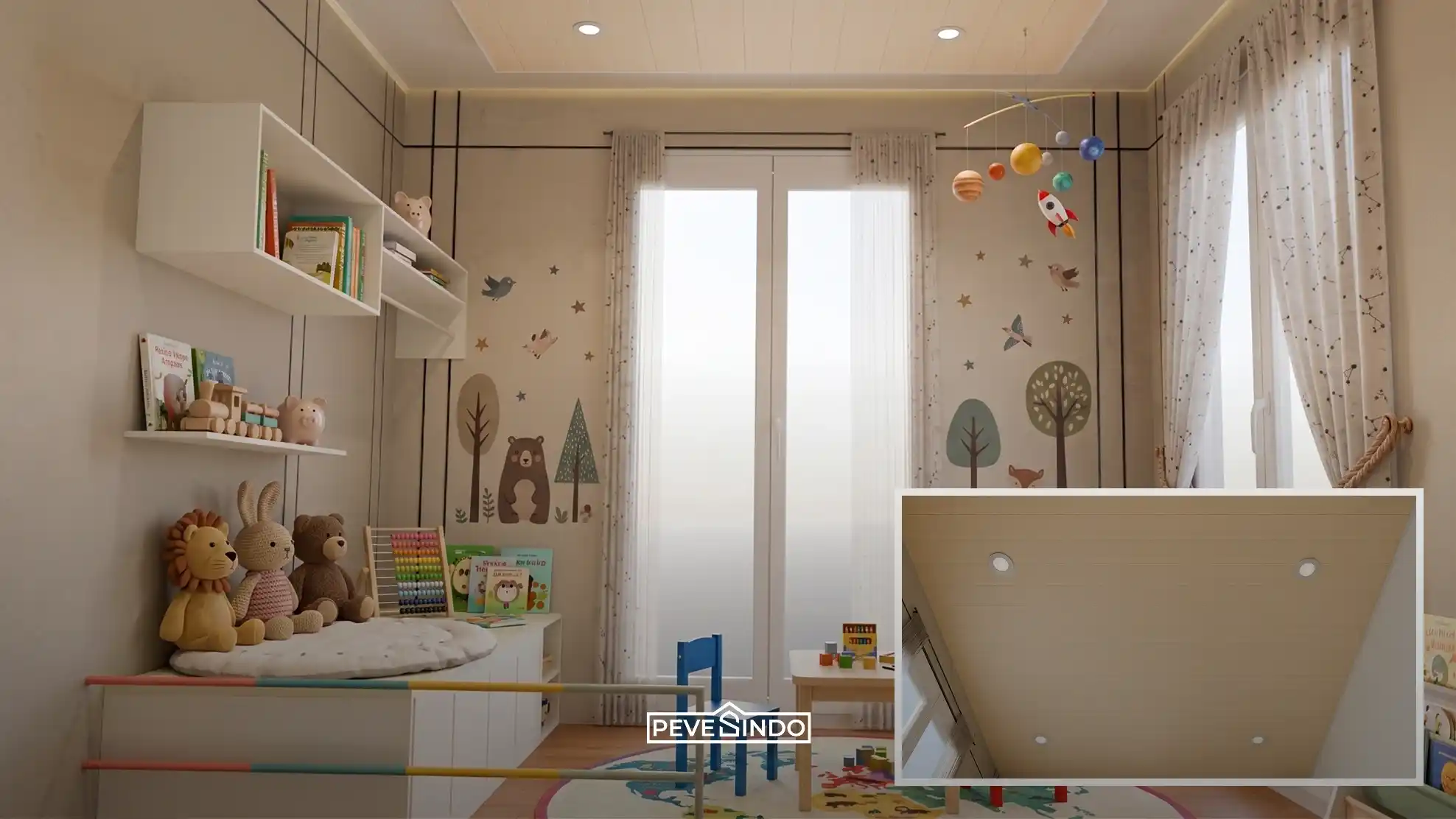Desain drop ceiling menggunakan plafon PVC Pevesindo motif kayu terang pada langit-langit kamar bermain anak dengan pencahayaan downlight minimalis.