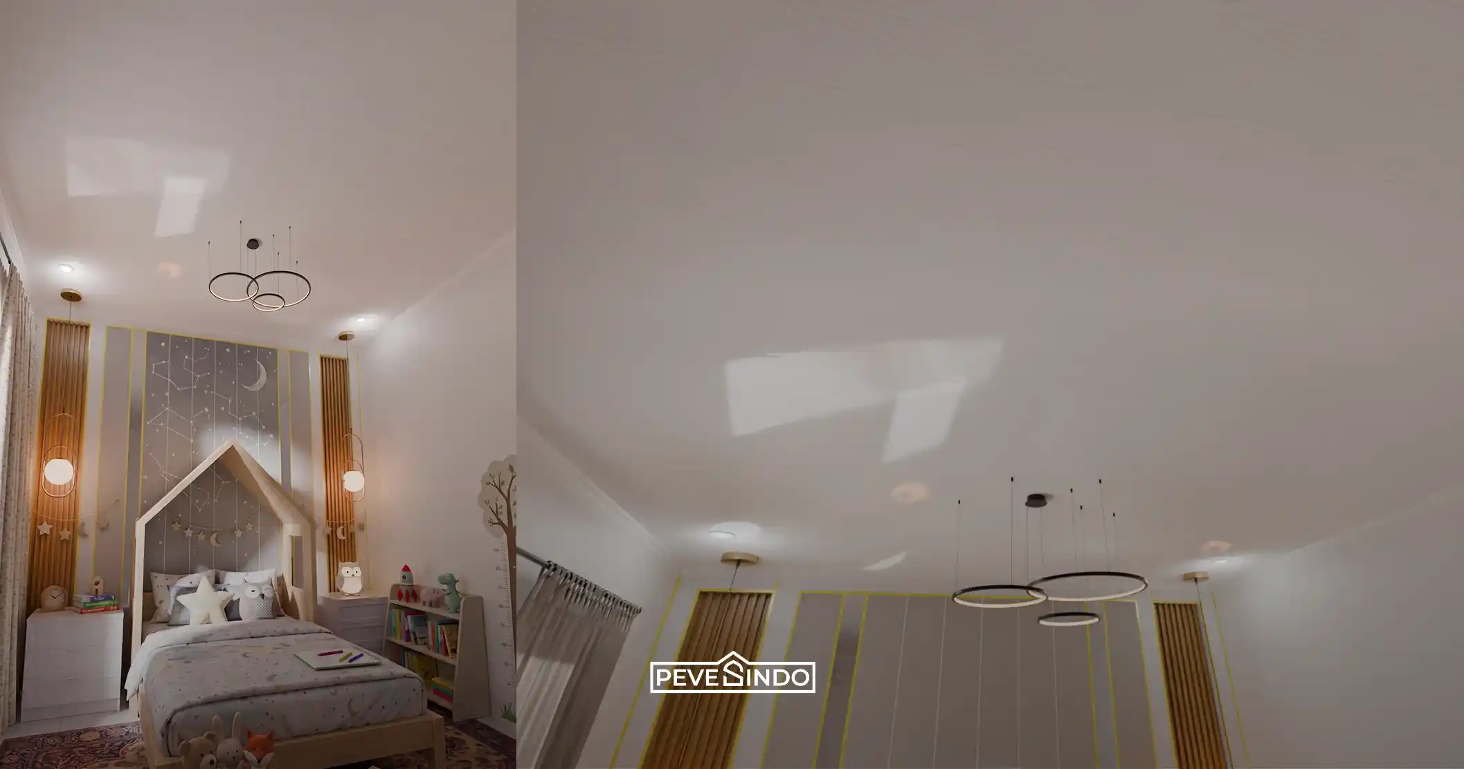 Plafon PVC Pevesindo warna putih bertekstur pada langit-langit kamar tidur anak minimalis dengan lampu gantung cincin modern dan aksen dinding kayu.