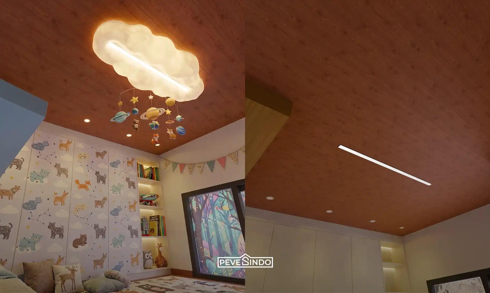 Plafon PVC motif kayu Pevesindo yang dipasang pada langit-langit kamar tidur anak dengan lampu gantung berbentuk awan dan ornamen tata surya.