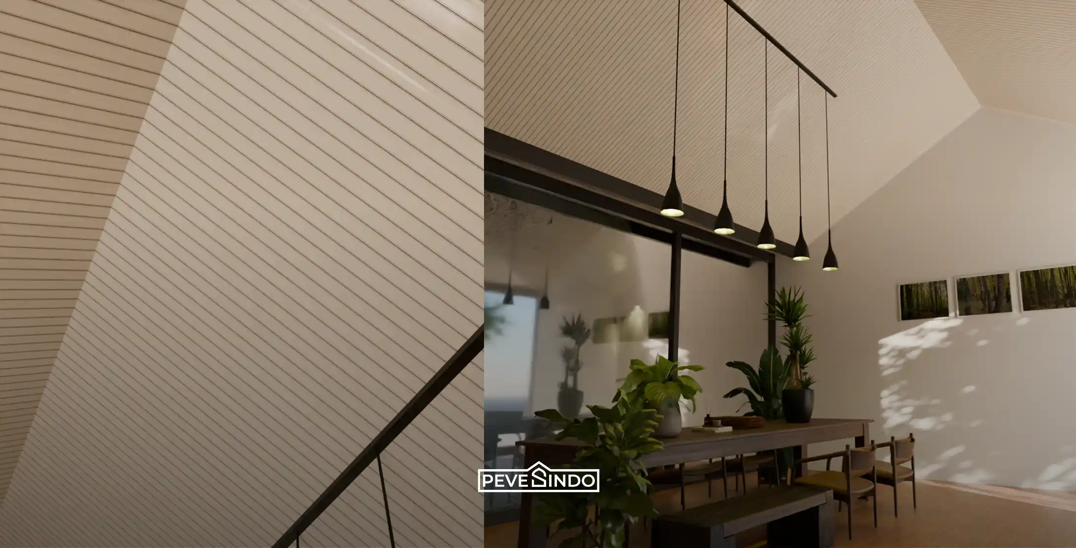 Ruang makan modern dengan atap miring tinggi menggunakan plafon PVC motif kayu terang dari Pevesindo dilengkapi lampu gantung hitam dan jendela besar.