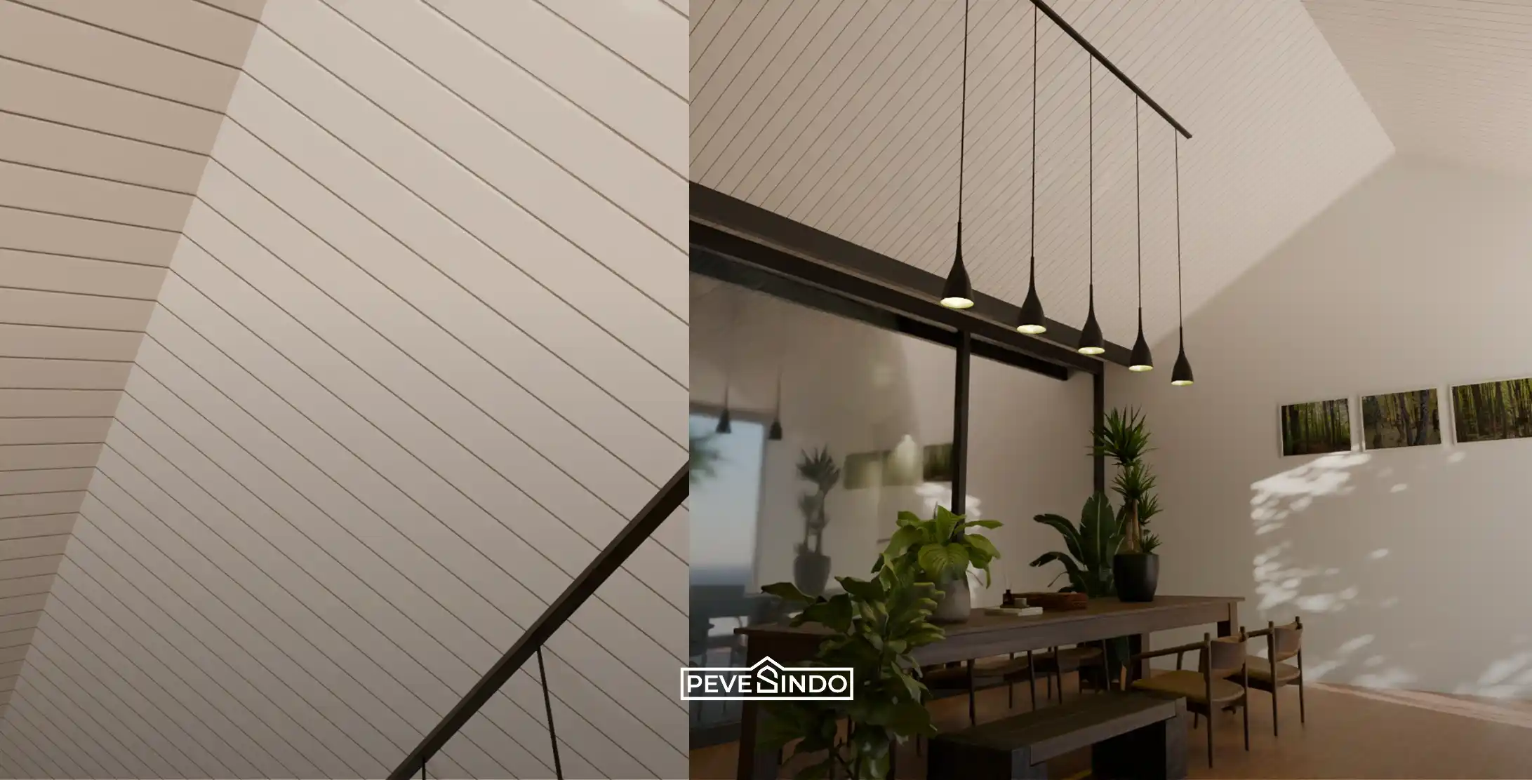 Desain interior ruang makan minimalis dengan atap miring tinggi berbahan plafon PVC warna putih dari Pevesindo yang elegan dan terang.