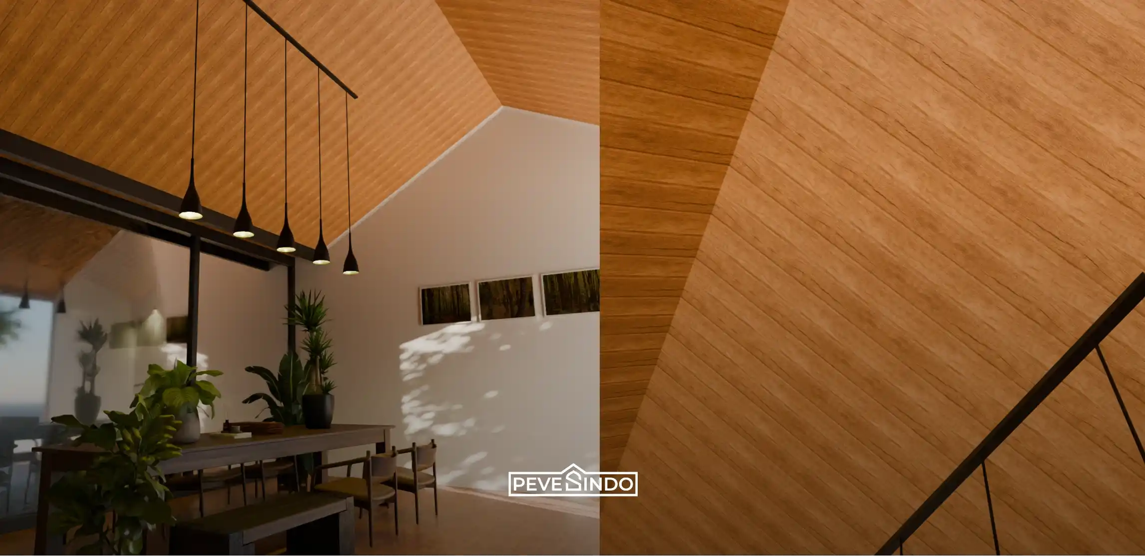 Ruang makan bergaya tropis modern dengan atap miring tinggi berbalut plafon PVC motif kayu natural dari Pevesindo, dipadukan dengan lampu gantung hitam dan jendela kaca besar.