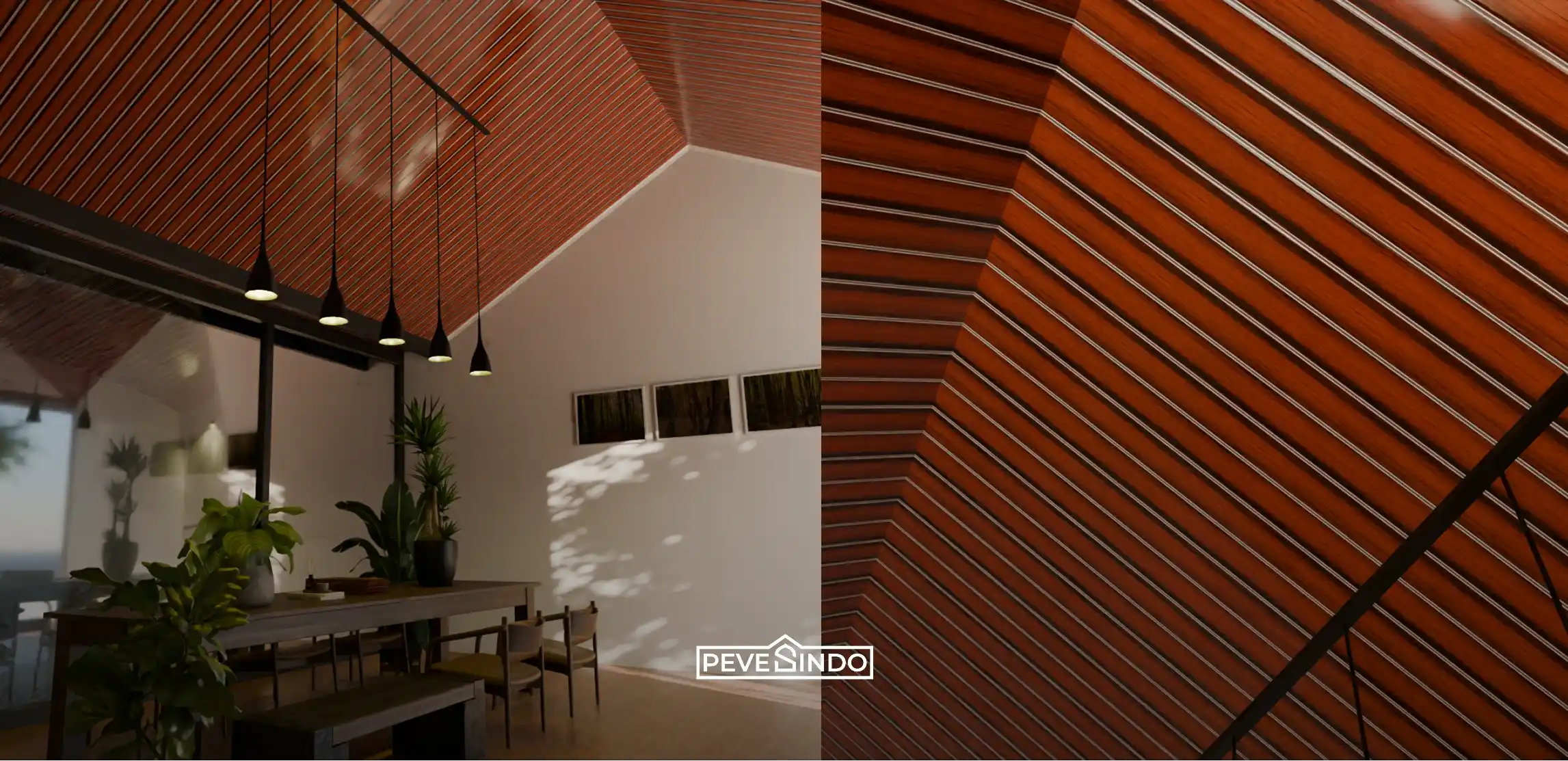 Ruang makan dengan desain atap miring tinggi yang mengaplikasikan plafon PVC motif kayu gelap dari Pevesindo, dilengkapi meja makan kayu, tanaman hias, dan pencahayaan hangat.