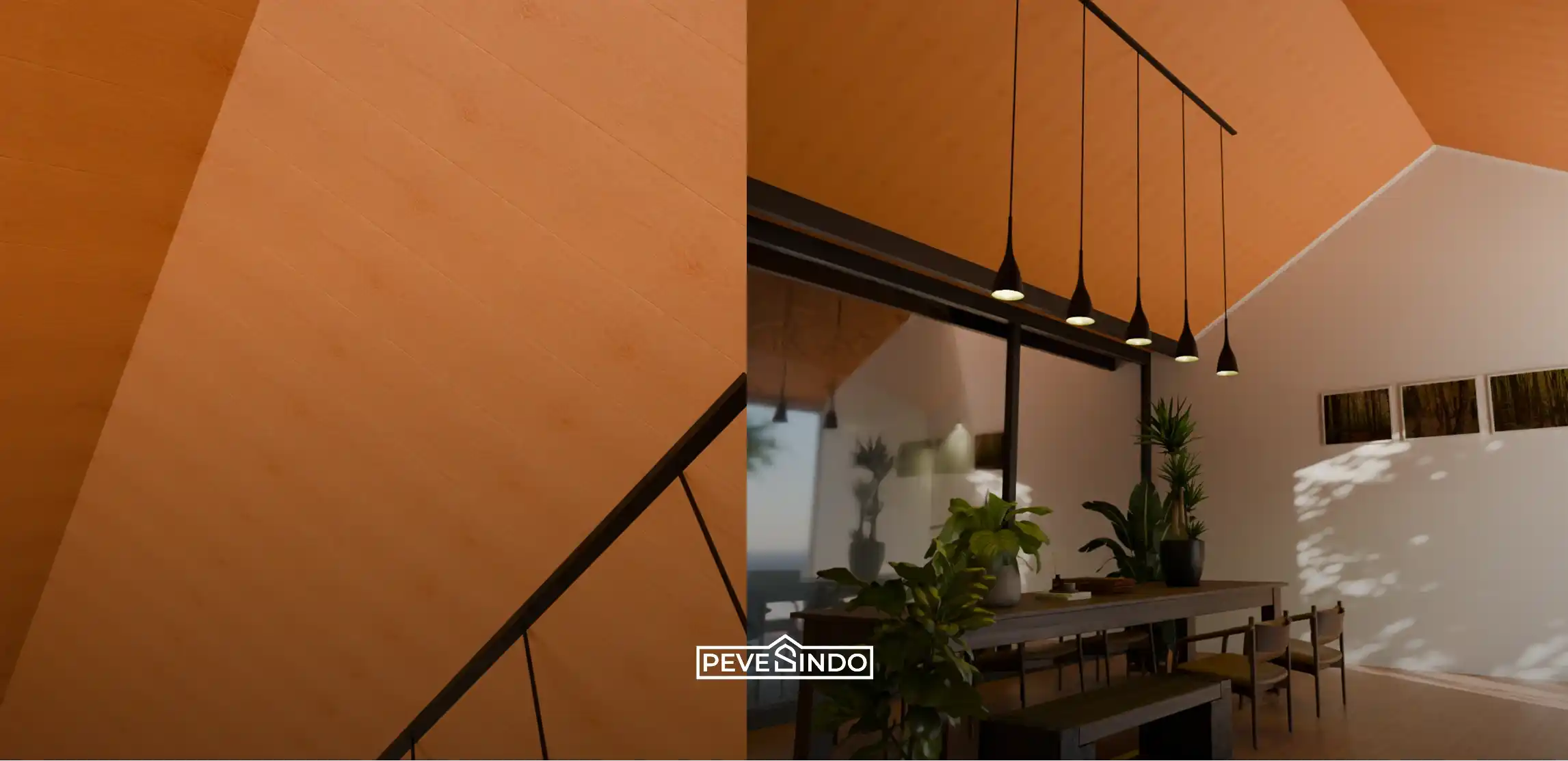 Desain ruang makan estetik dengan atap miring menggunakan plafon PVC motif kayu warna hangat dari Pevesindo, dilengkapi meja kayu dan lampu gantung minimalis.