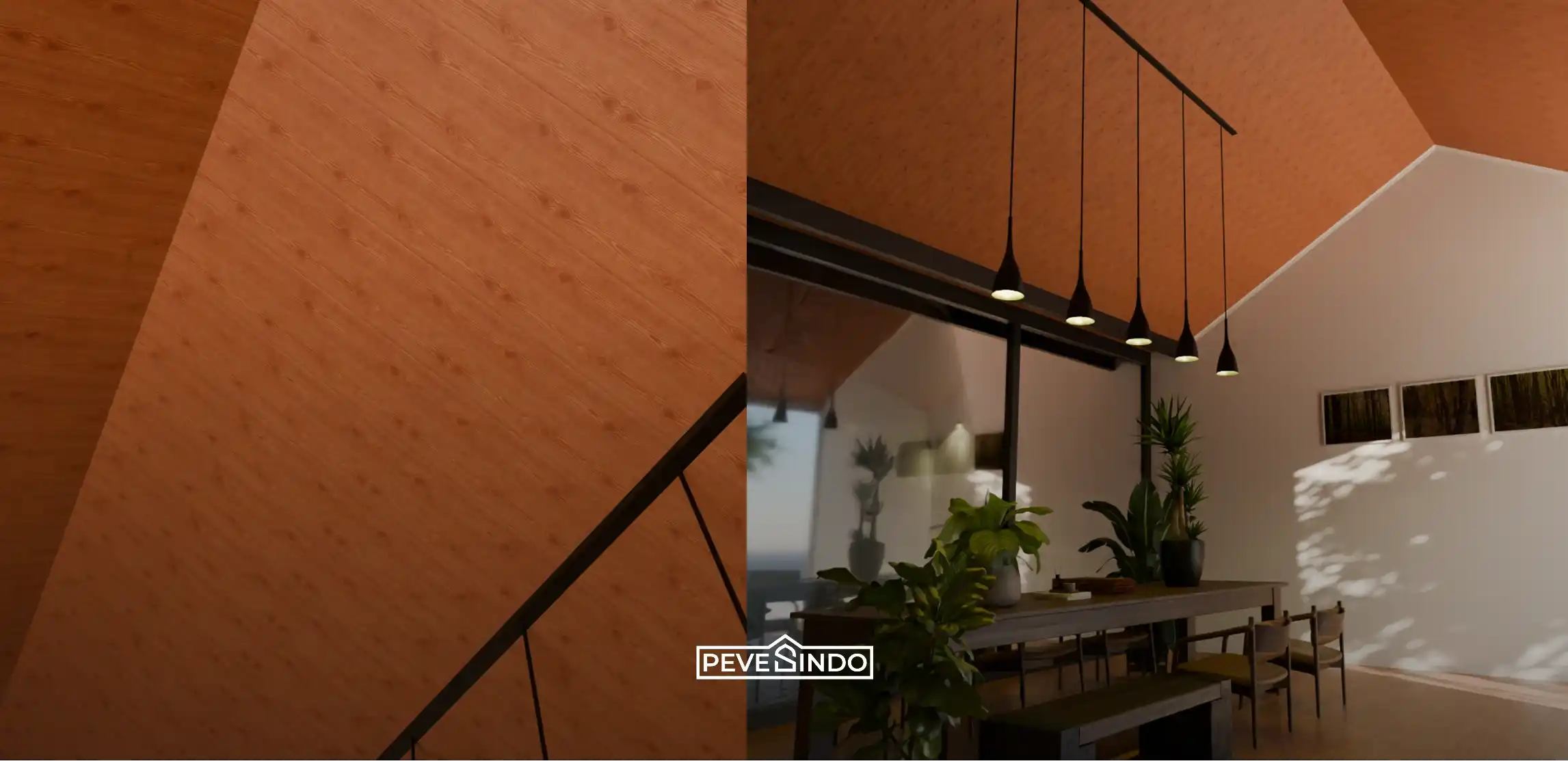 Ruang makan modern dengan atap miring tinggi menggunakan plafon PVC motif kayu warna klasik dari Pevesindo, dilengkapi meja kayu panjang, tanaman hias, dan jendela kaca.